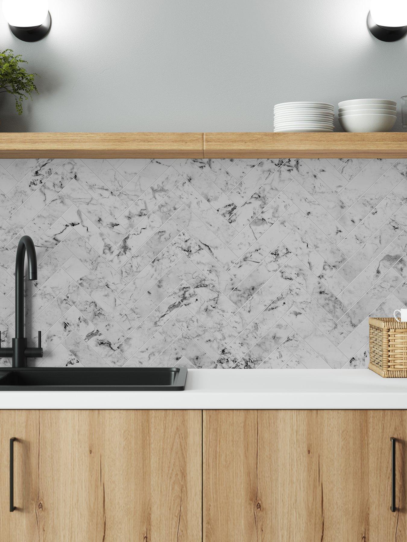 Image 1 of 7 of WilsonArt ALLOY Carrara Marble Herringbone Kitchen Splashback - 3000x750mmx4mm