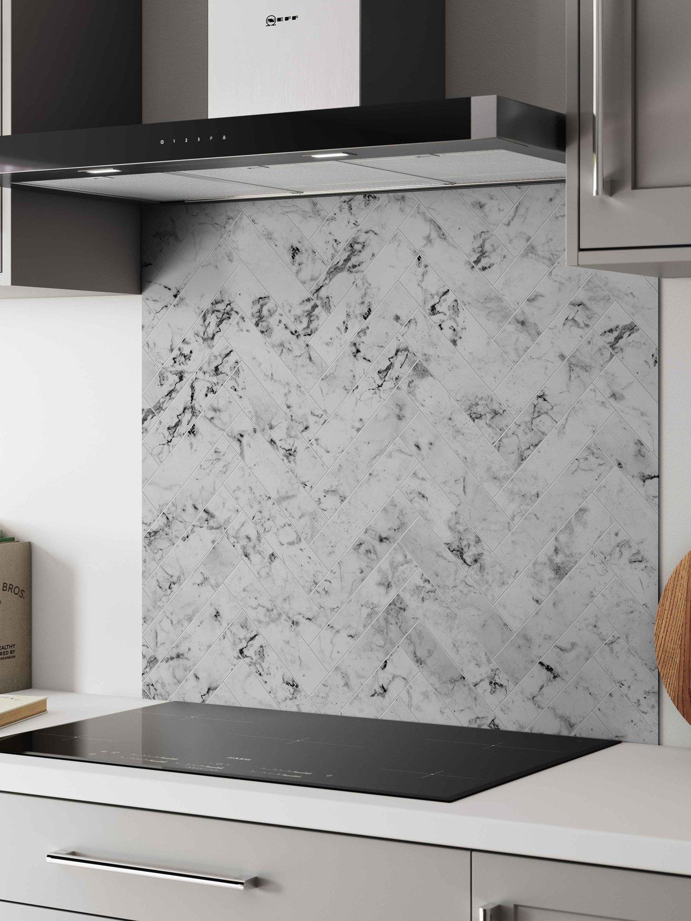 WilsonArt ALLOY Carrara Marble Herringbone Kitchen Hob Splashback - 900x800mm
