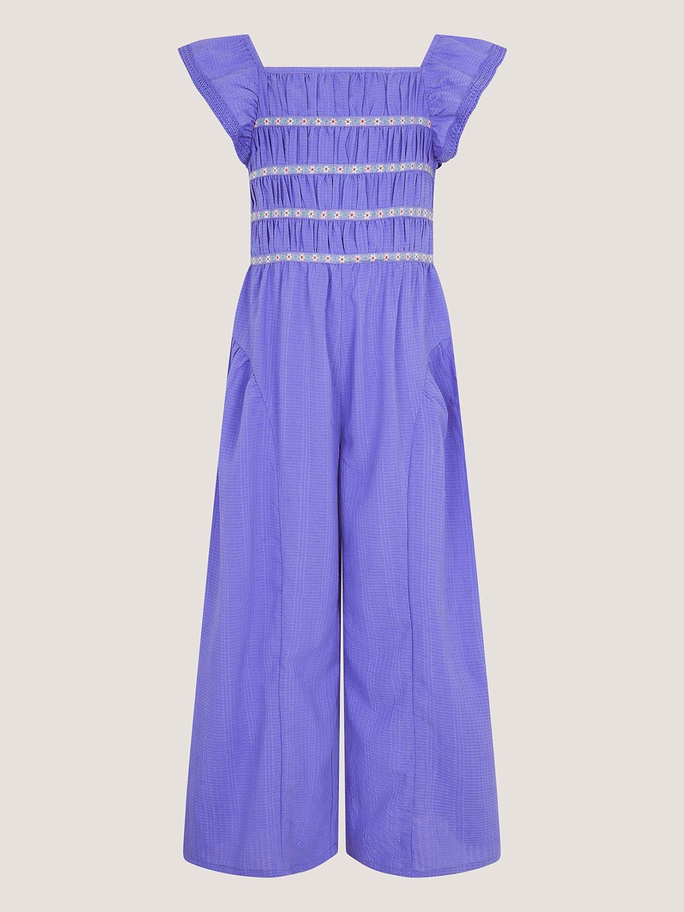 Monsoon Girls Textured Shirred Jumpsuit - Blue