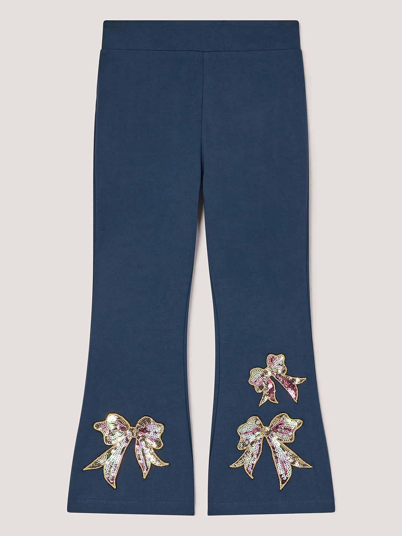 Monsoon Girls Sequin Bow Embroidered Kick Leggings - Navy