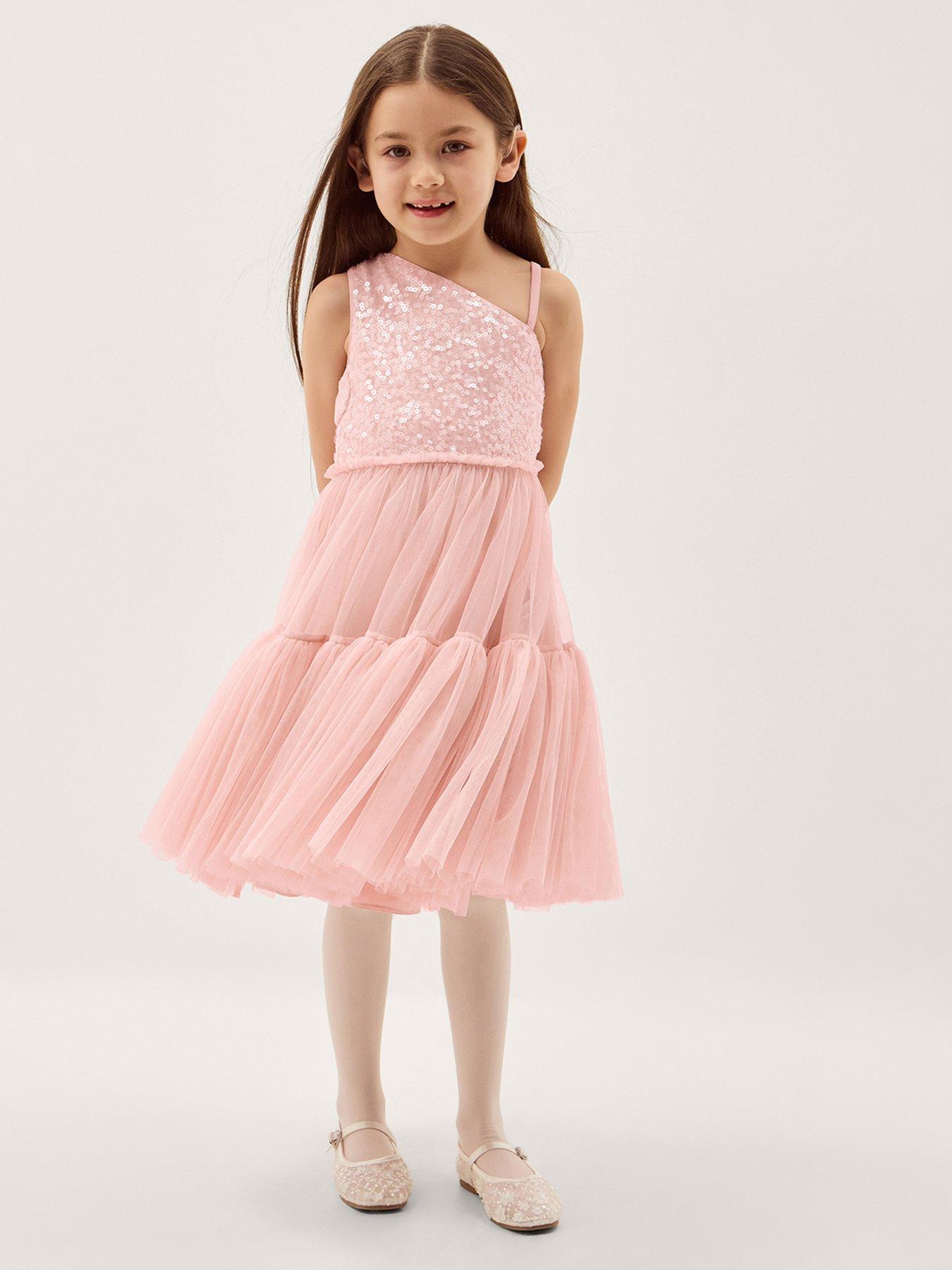 Image 1 of 3 of Monsoon Girls Sequin 1 Shoulder Ruby Dress - Pink