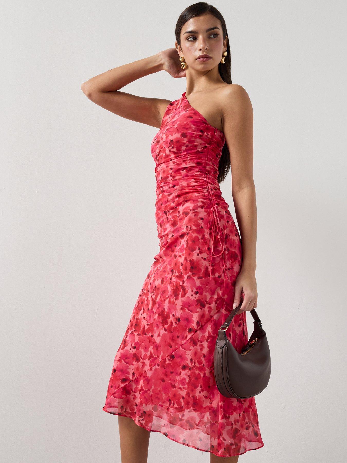  image of mango-asymmetrical-floral-print-dress-red
