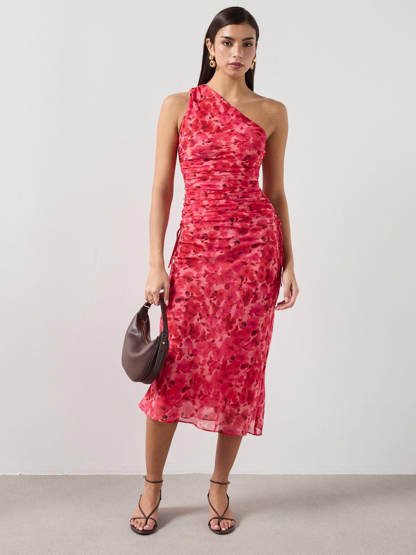  image of mango-asymmetrical-floral-print-dress-red