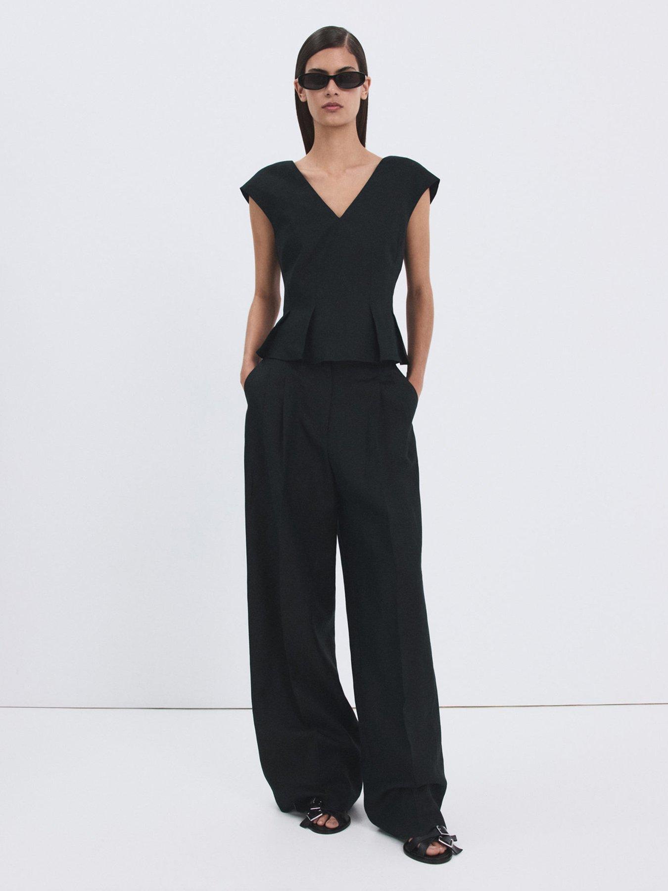 Mango Cotton Linen Peplum Top - Navy