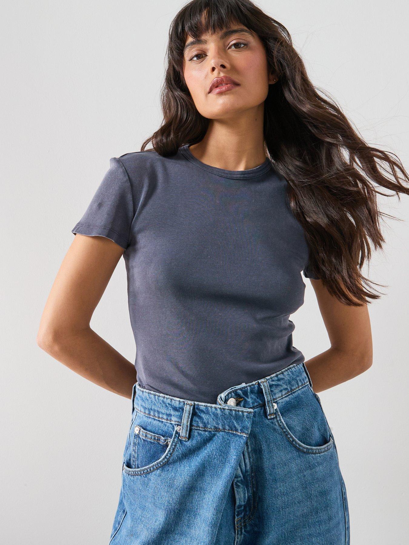  image of mango-cotton-t-shirt-with-seams-blue
