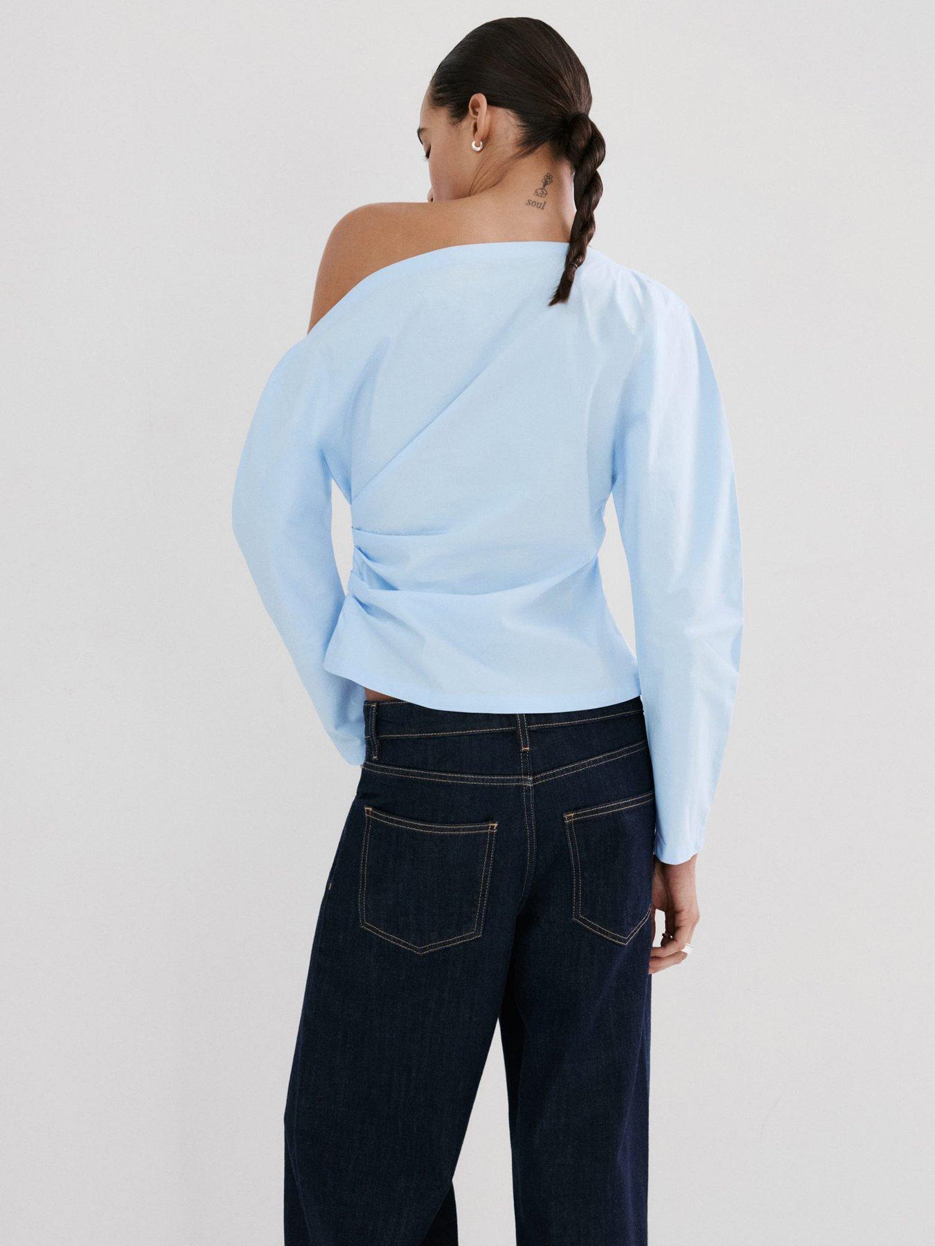  image of mango-cotton-blouse-with-asymmetrical-collar-blue