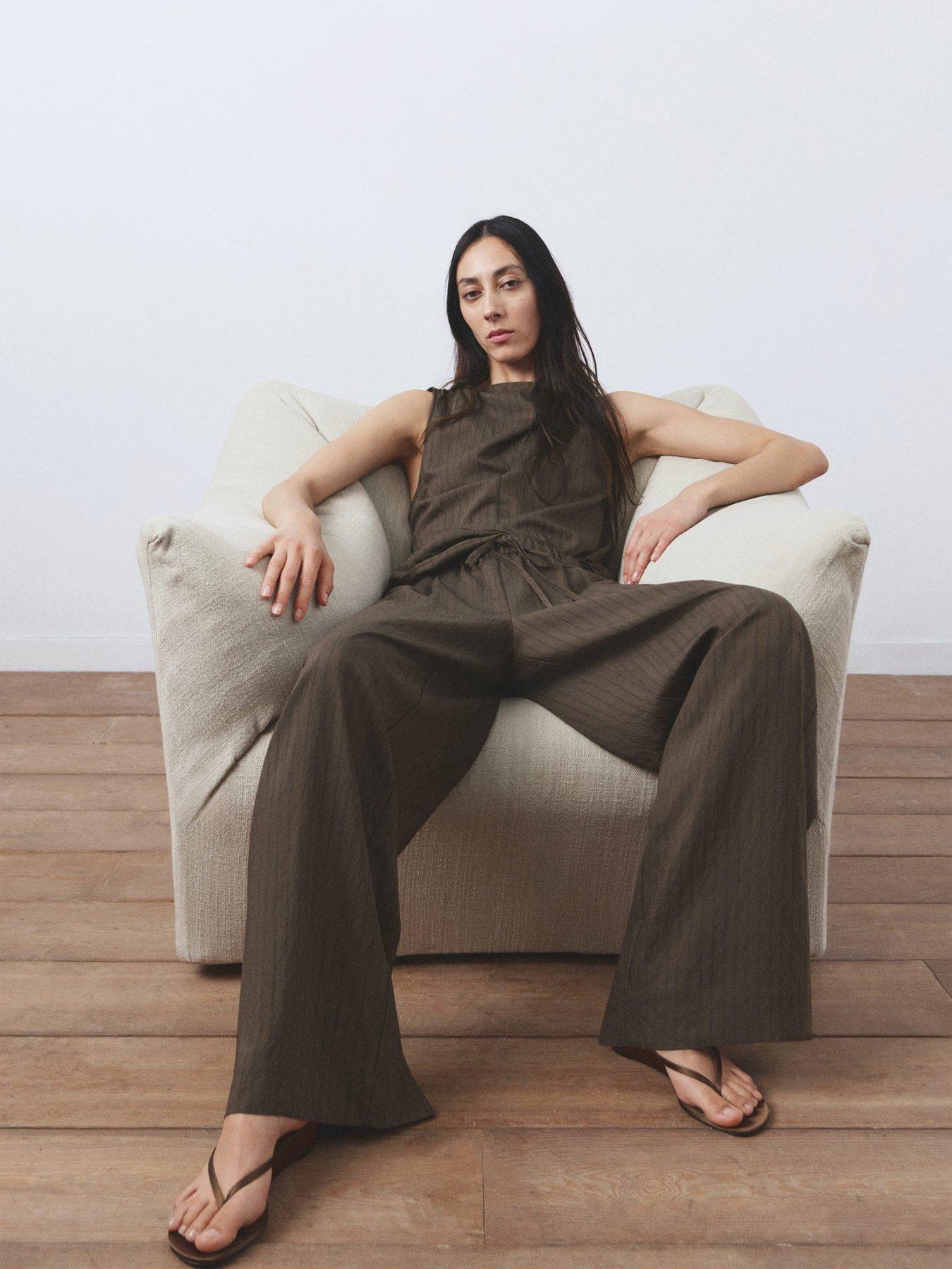 image of mango-straight-striped-trousers-brown