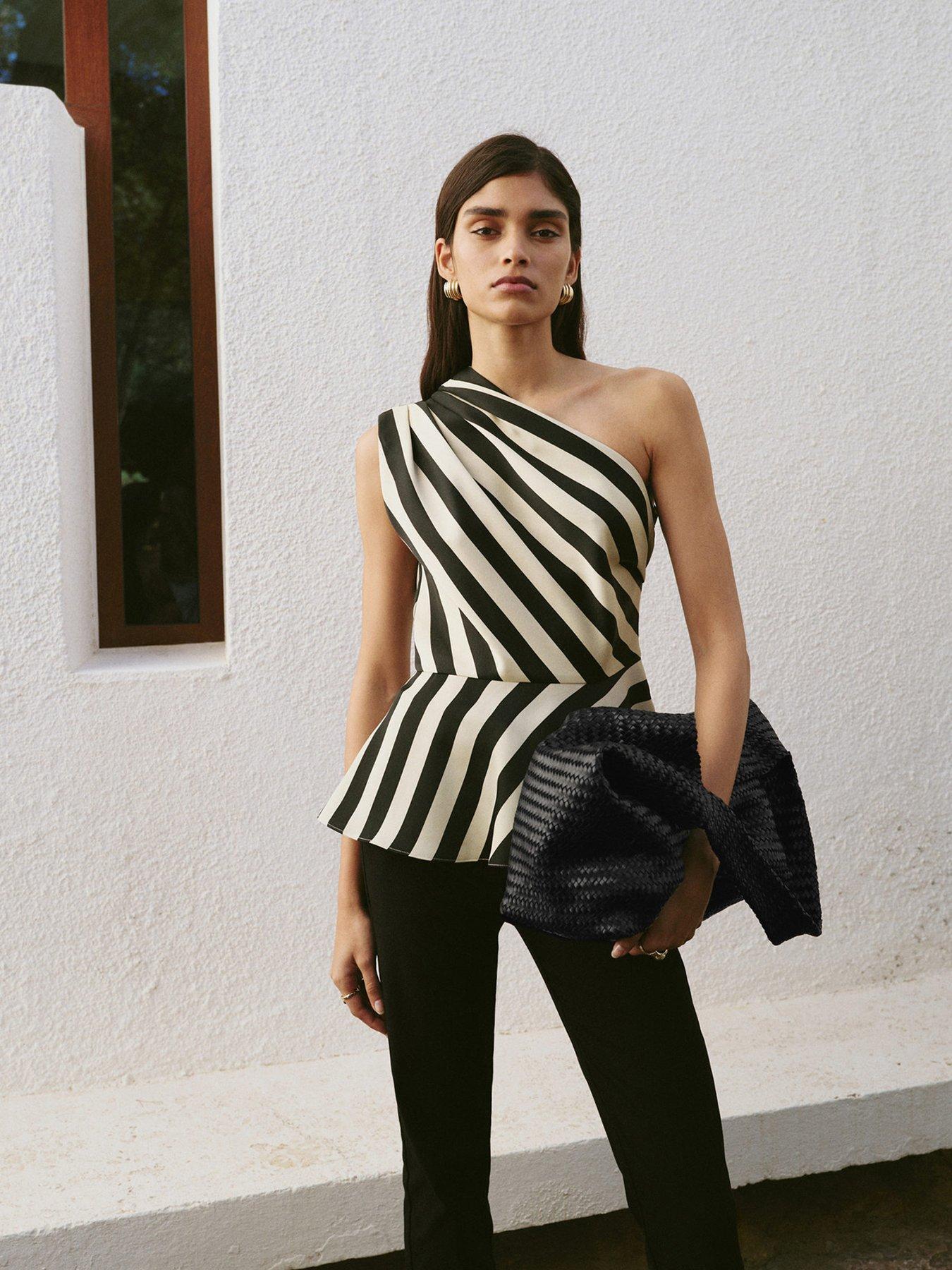 Image 1 of 6 of Mango Striped Asymmetrical Top - Ecru
