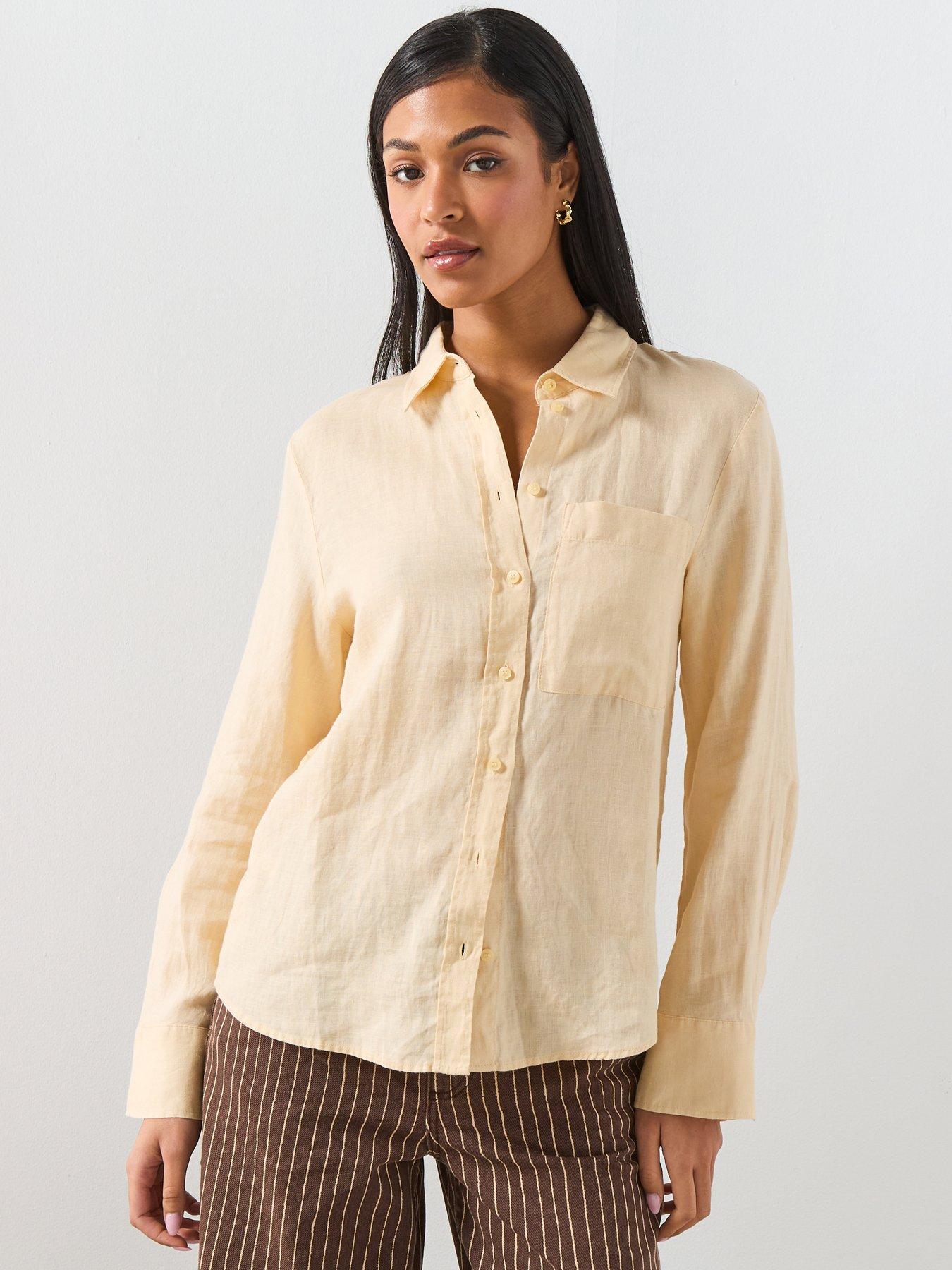 front image of mango-pocket-linen-shirt-yellow