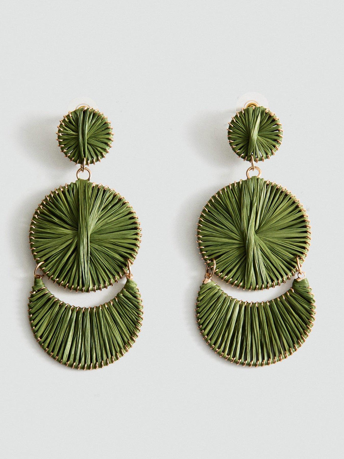 Mango Long Earrings With Circular Design - Green