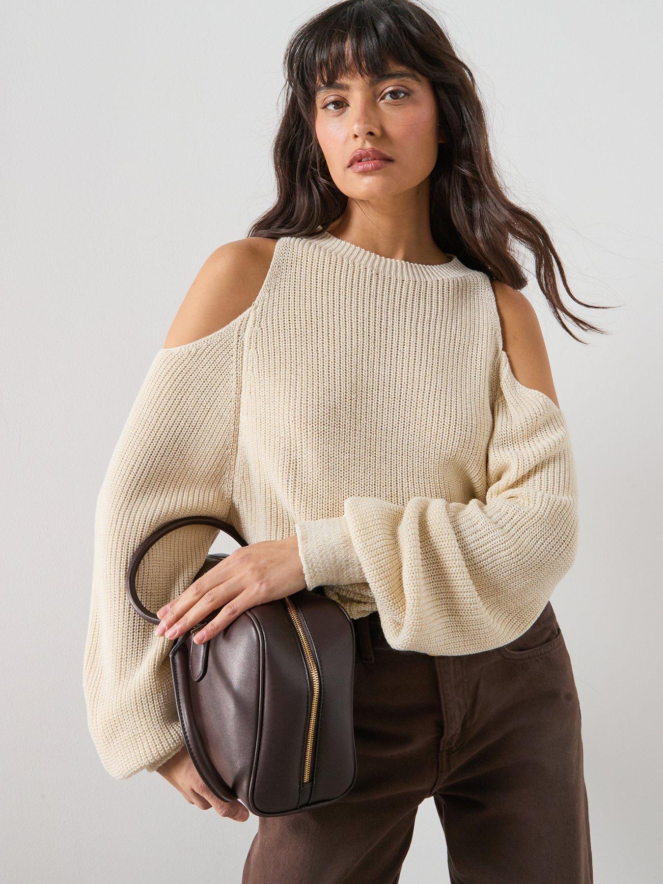  image of mango-off-the-shoulder-knitted-sweater-beige