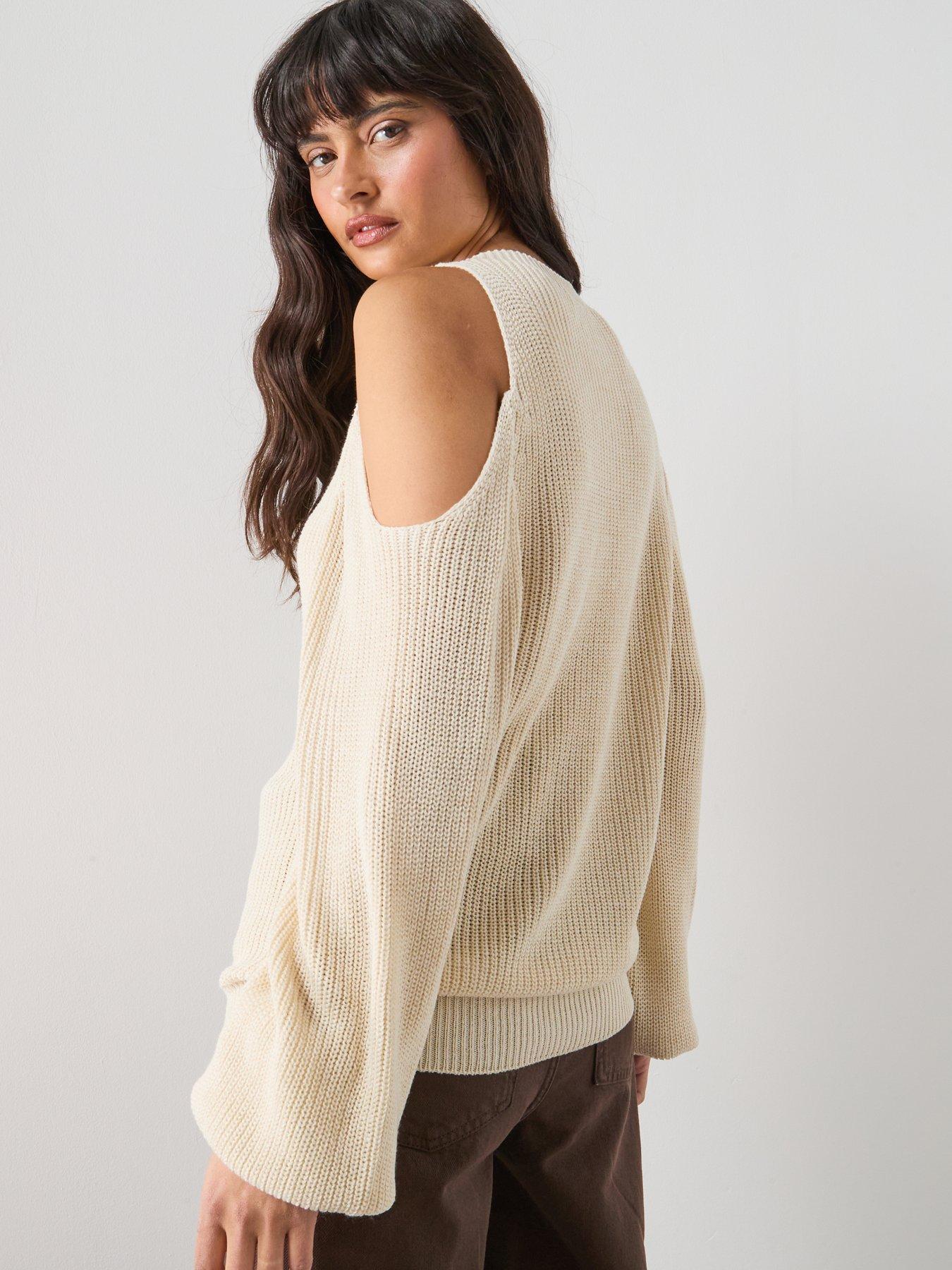  image of mango-off-the-shoulder-knitted-sweater-beige