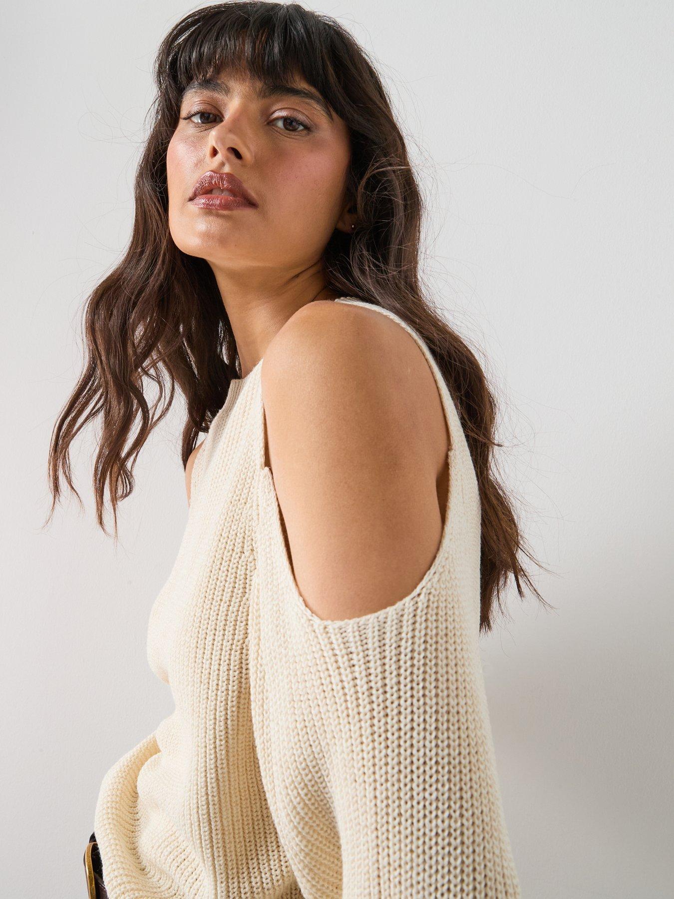  image of mango-off-the-shoulder-knitted-sweater-beige