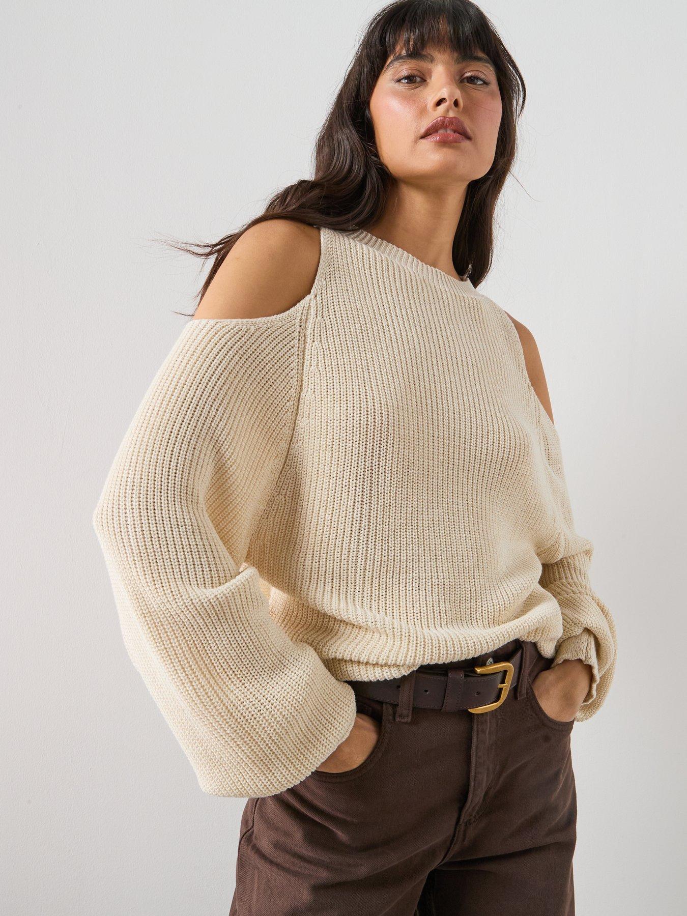 image of mango-off-the-shoulder-knitted-sweater-beige