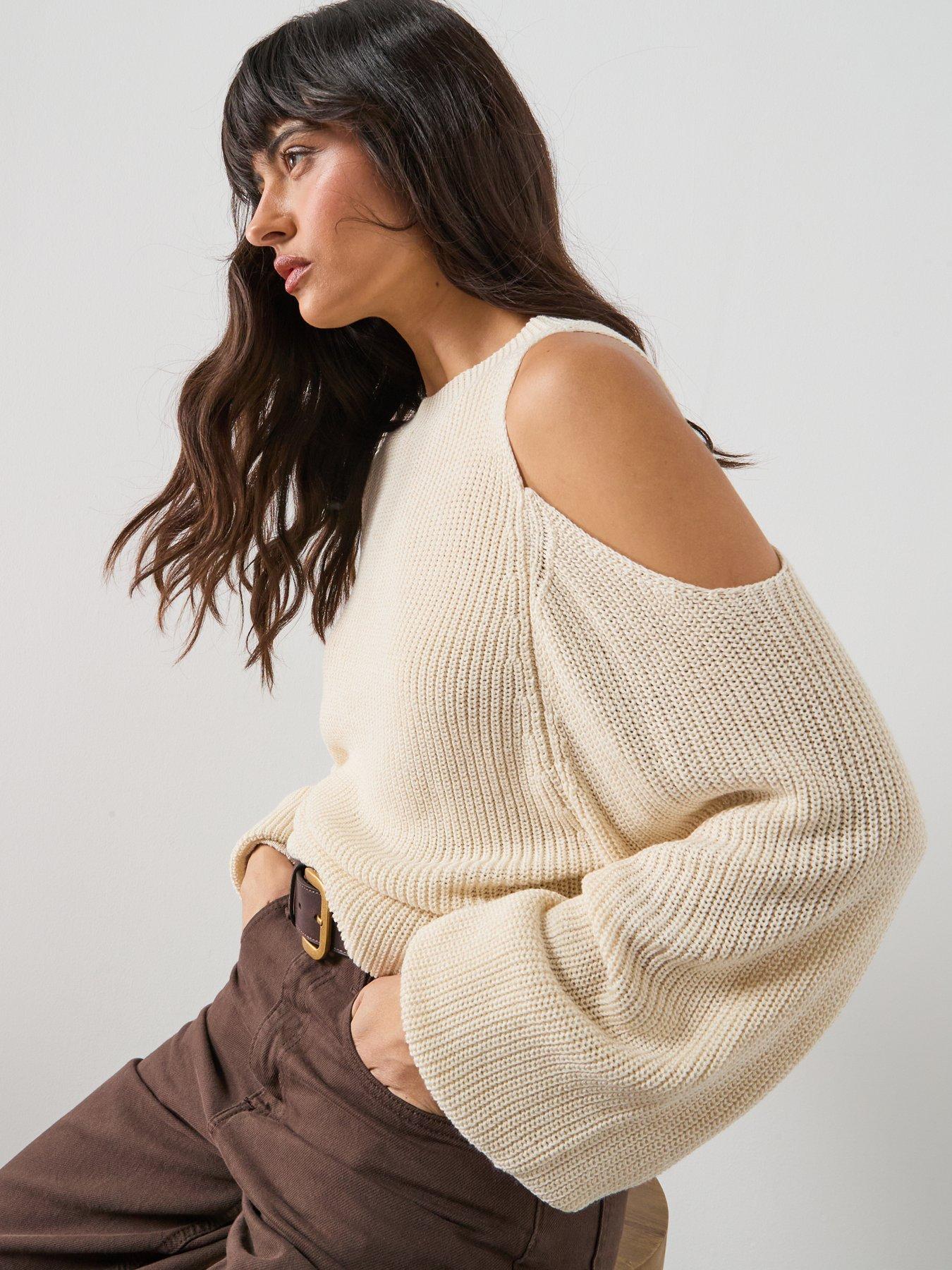  image of mango-off-the-shoulder-knitted-sweater-beige