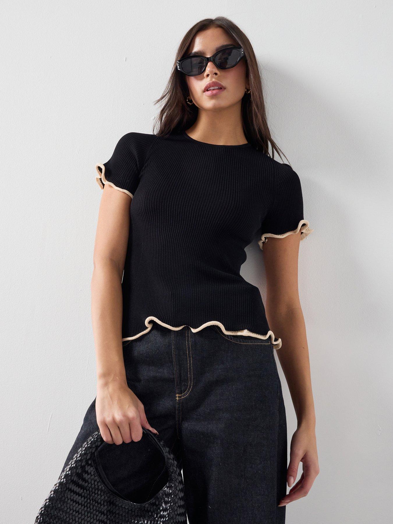  image of mango-peplum-sweater-contrasting-trim-black