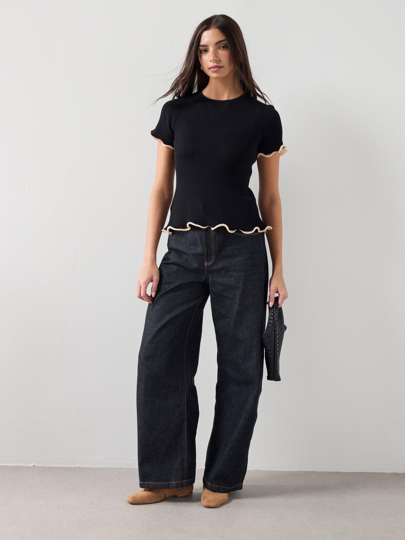  image of mango-peplum-sweater-contrasting-trim-black