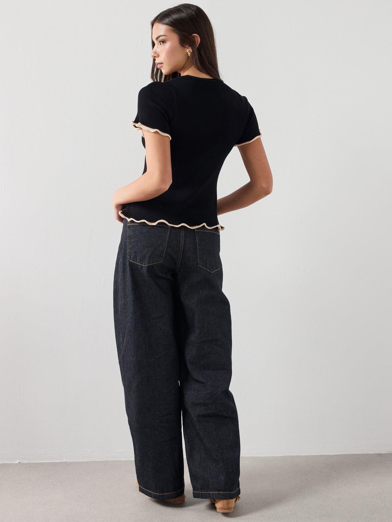  image of mango-peplum-sweater-contrasting-trim-black