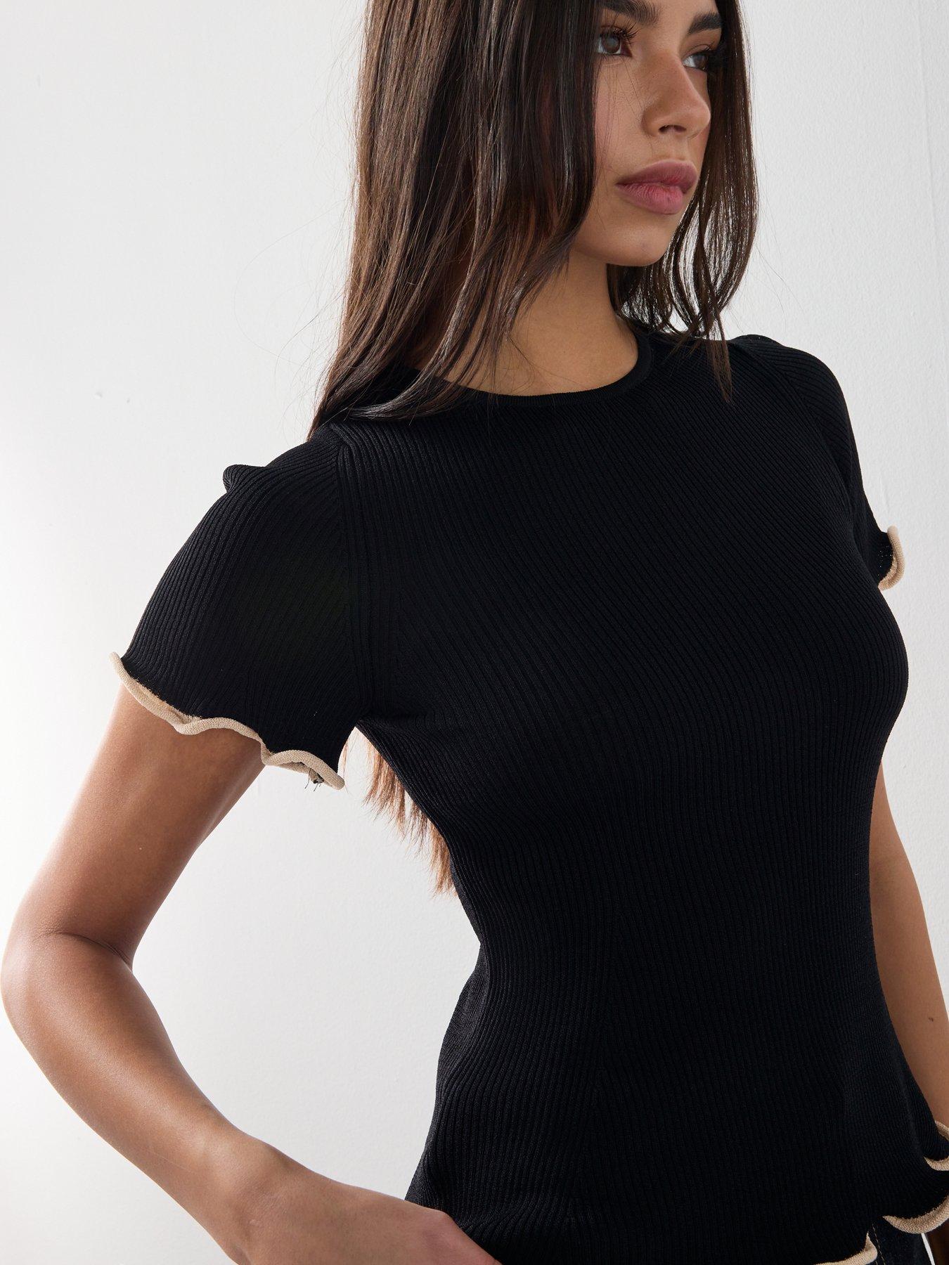  image of mango-peplum-sweater-contrasting-trim-black