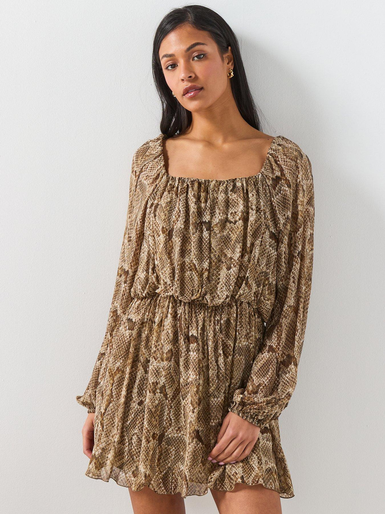 Mango Flowy Animal Print Dress - Khaki