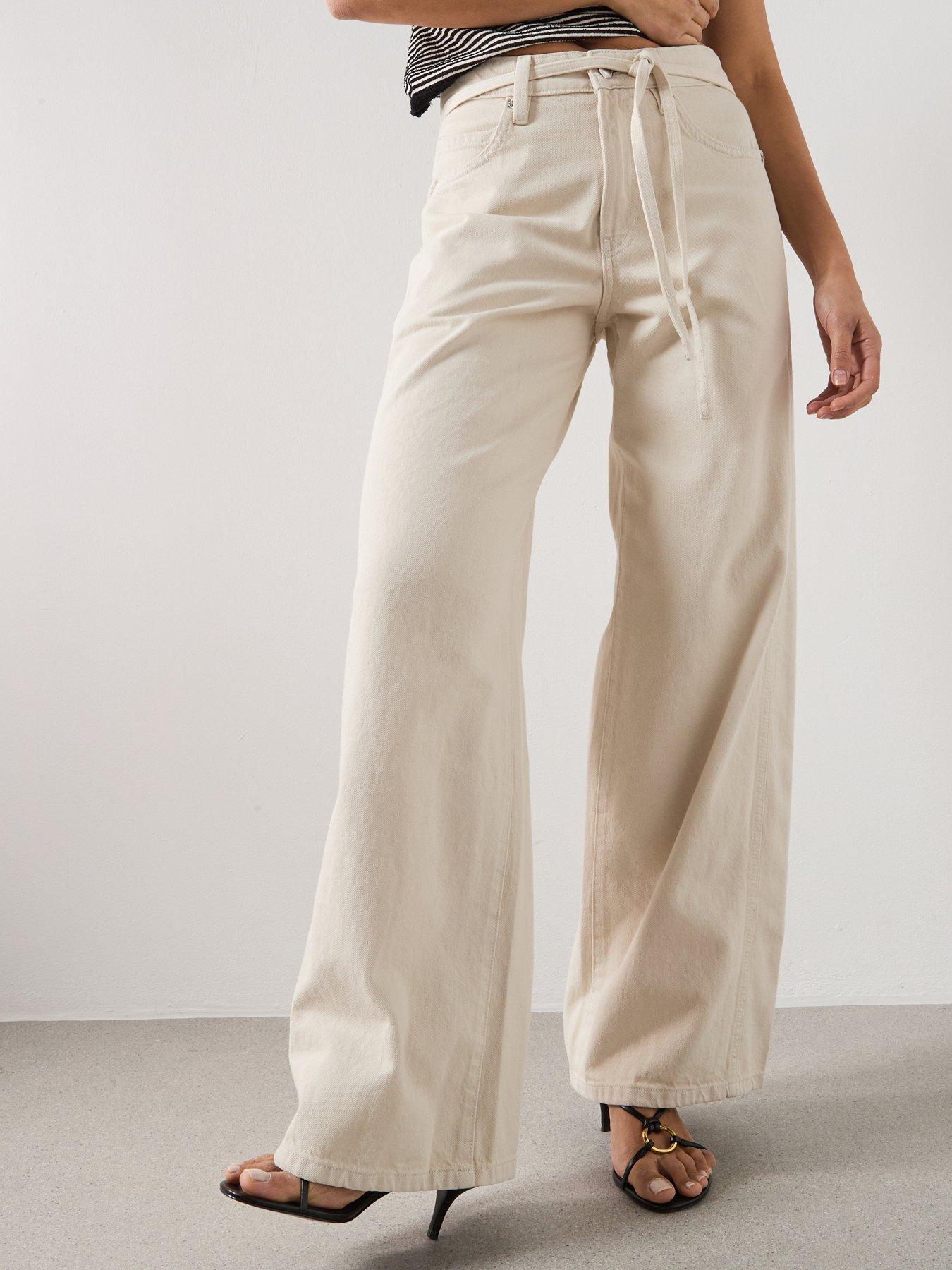 Image 1 of 5 of Mango Wide-leg Jeans With Drawstring - Cream
