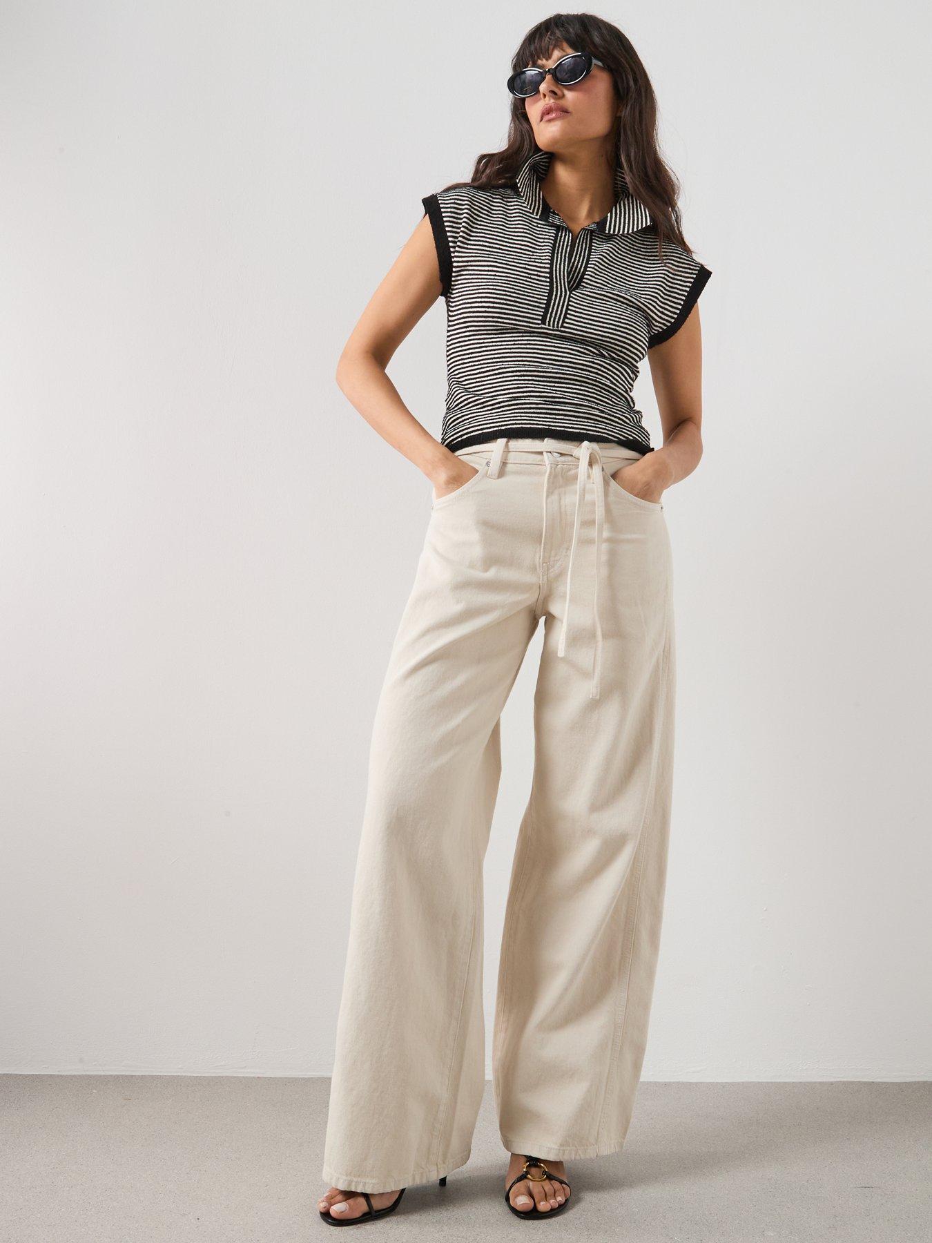 Image 3 of 5 of Mango Wide-leg Jeans With Drawstring - Cream