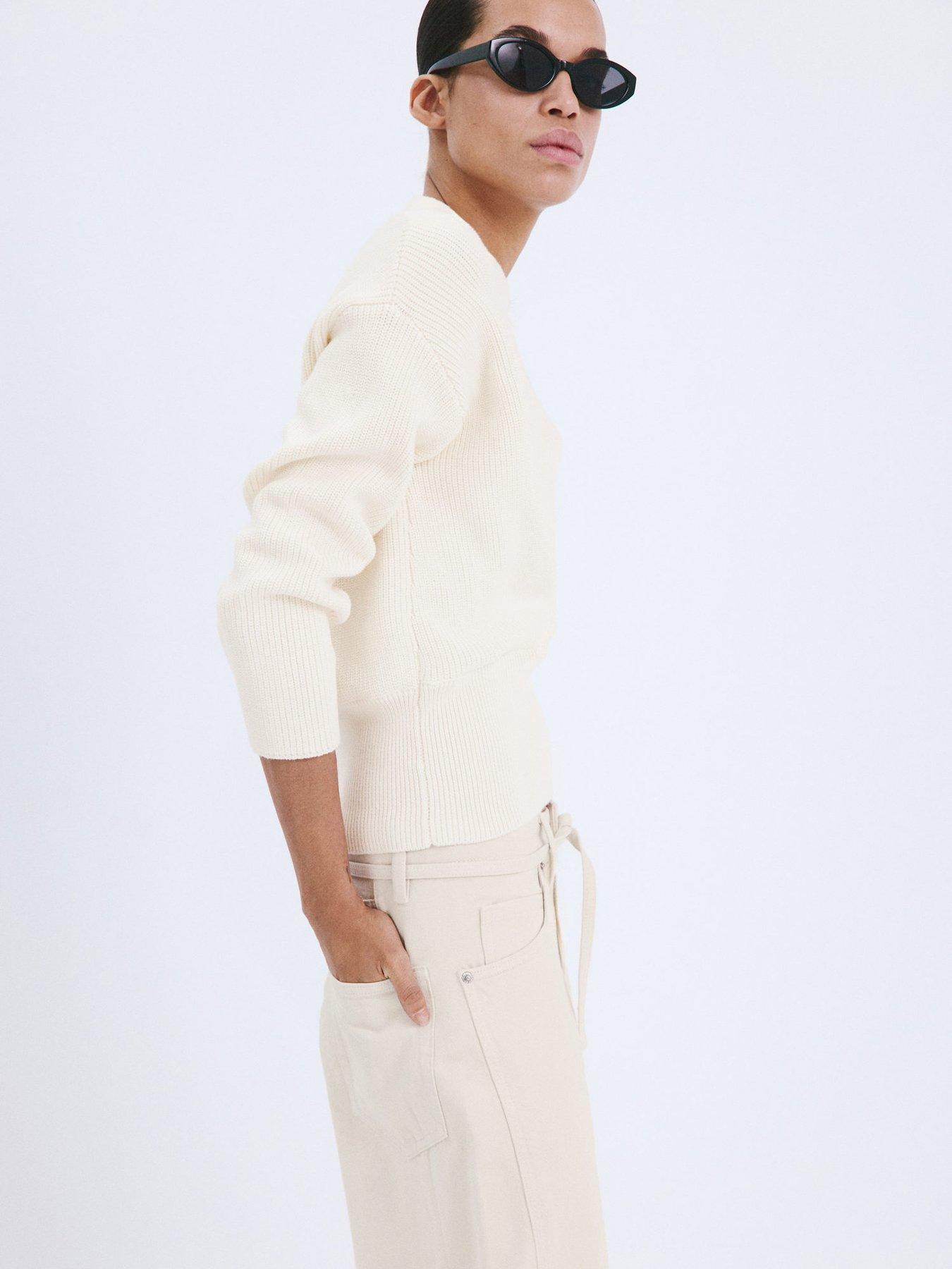  image of mango-ribbed-crossover-neckline-jumper-cream