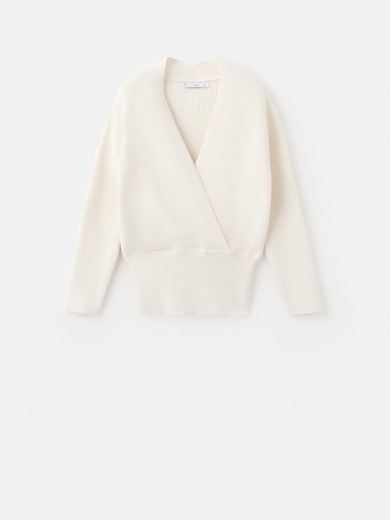  image of mango-ribbed-crossover-neckline-jumper-cream