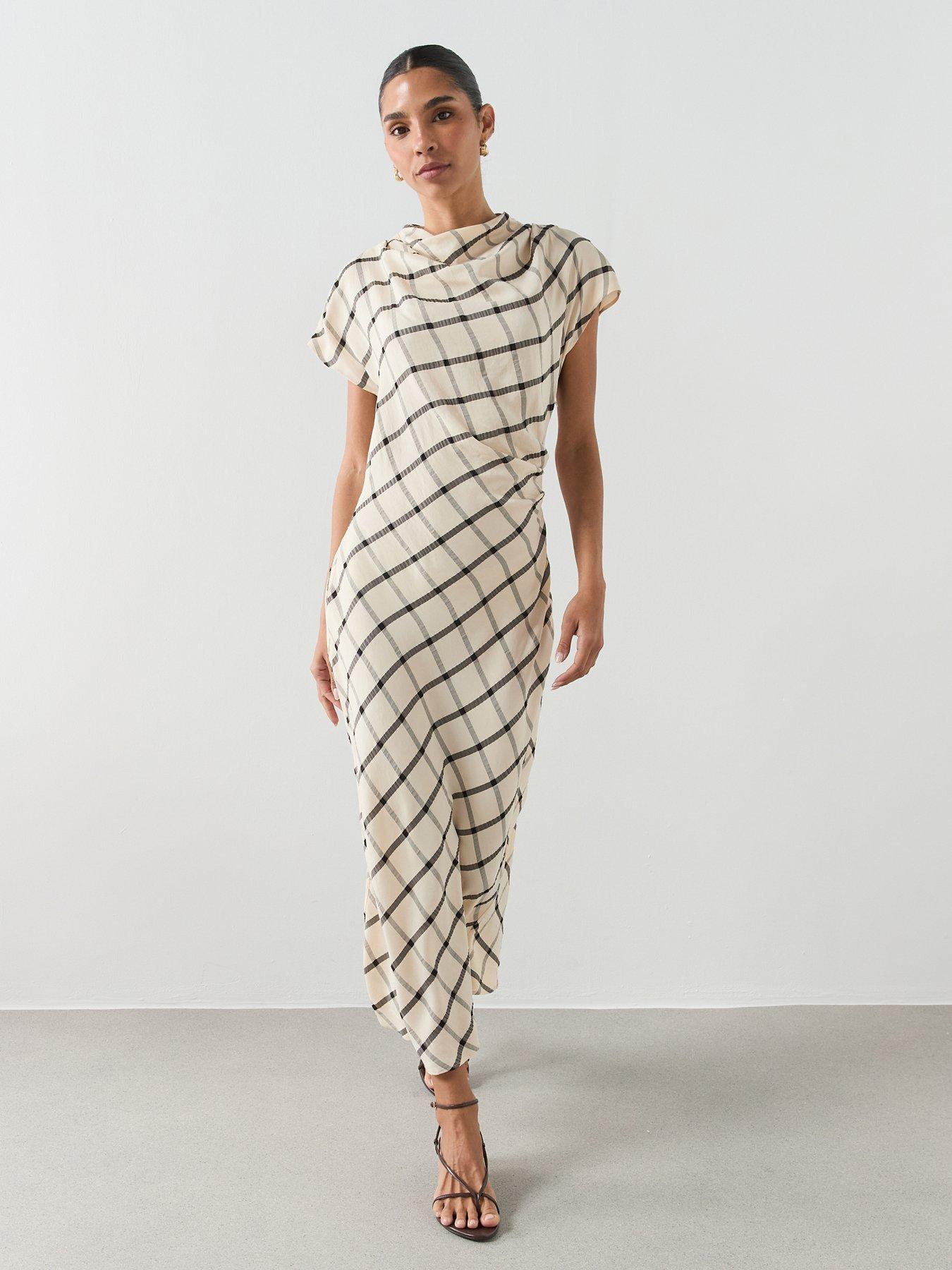 Mango Check Dress With Draped Collar - Cream