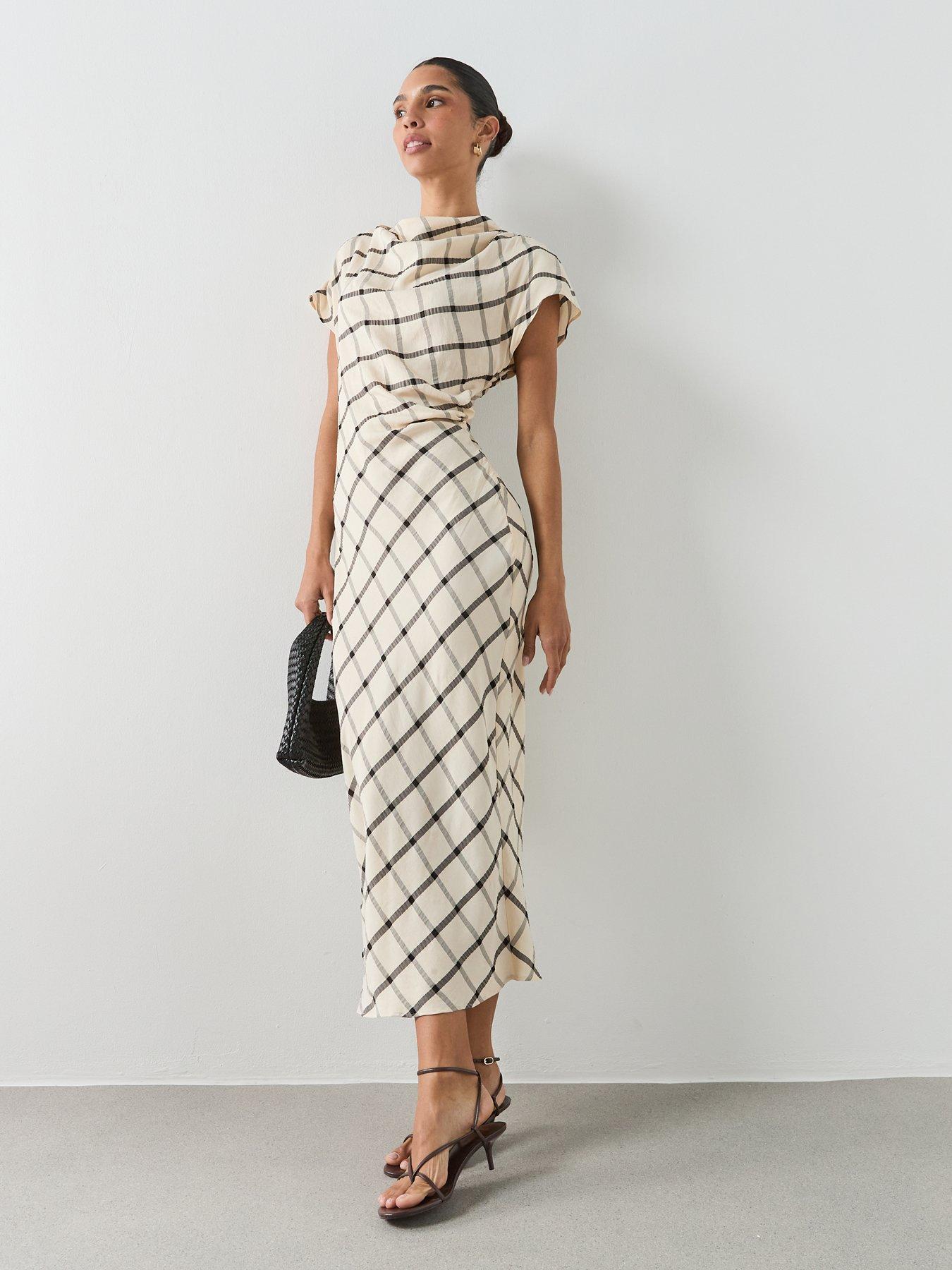 Image 3 of 6 of Mango Check Dress With Draped Collar - Cream