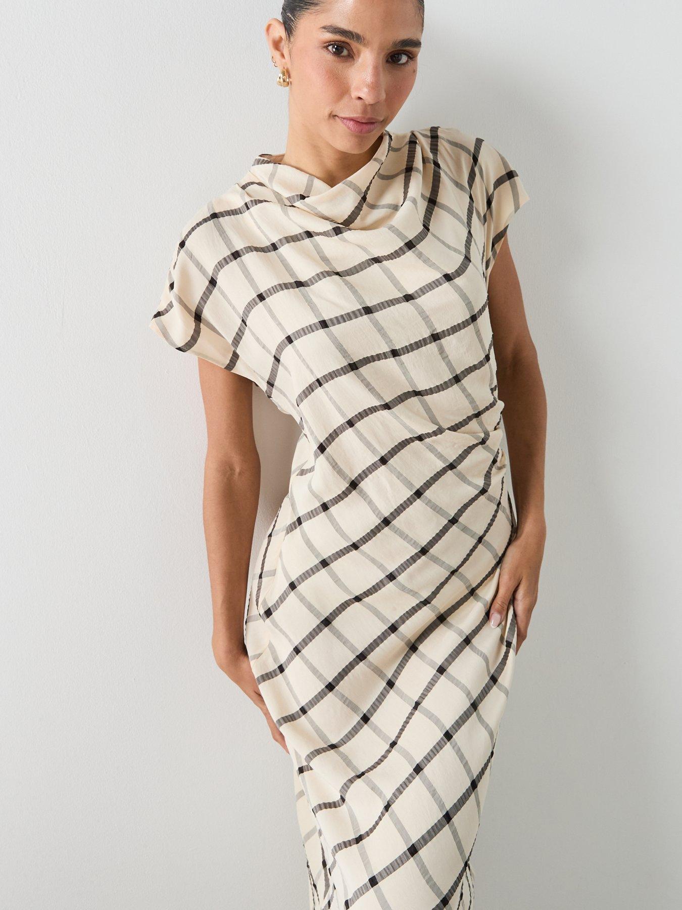 Image 5 of 6 of Mango Check Dress With Draped Collar - Cream