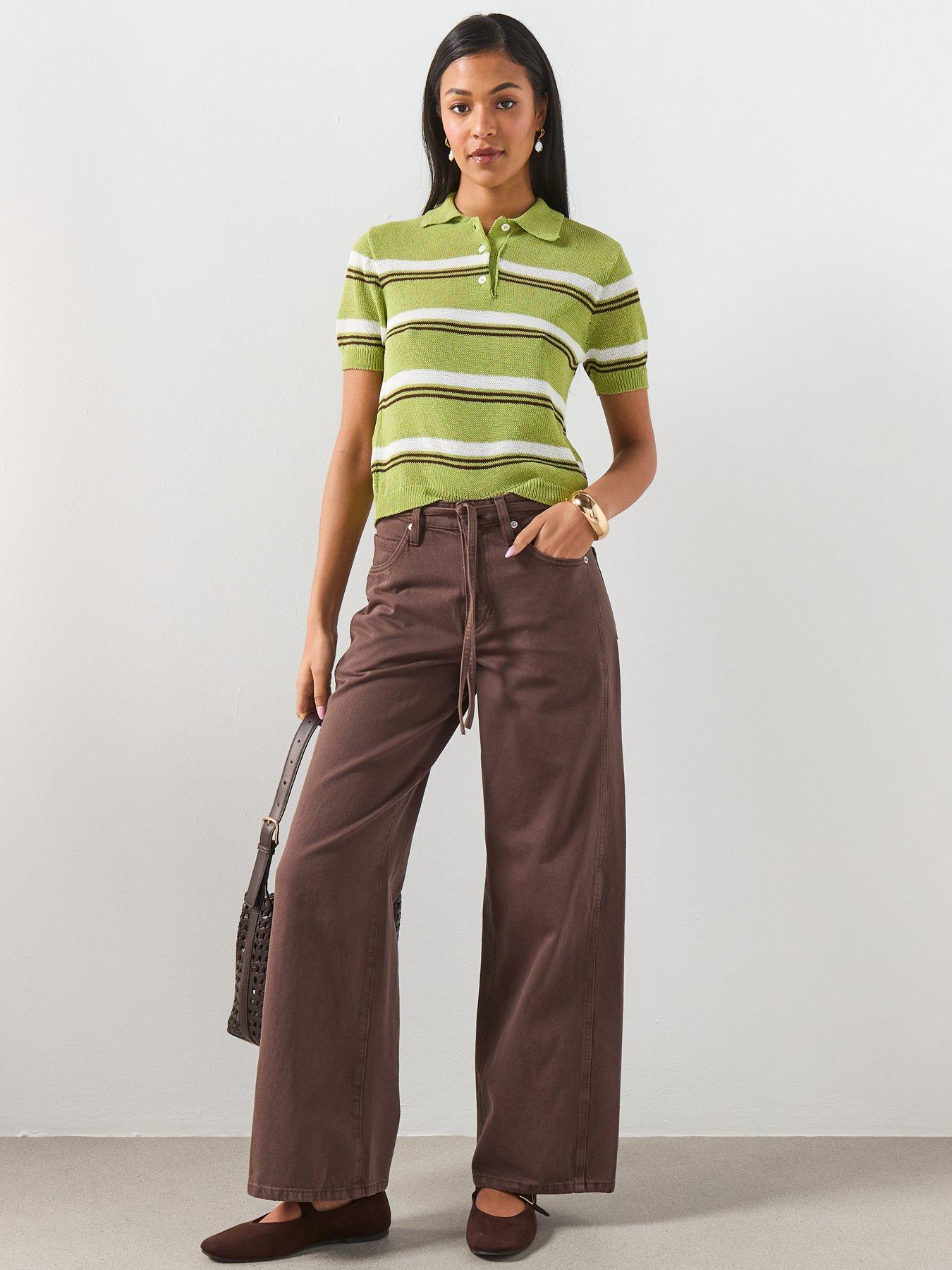 Image 3 of 6 of Mango Wide-Leg Jeans With Drawstring - Brown