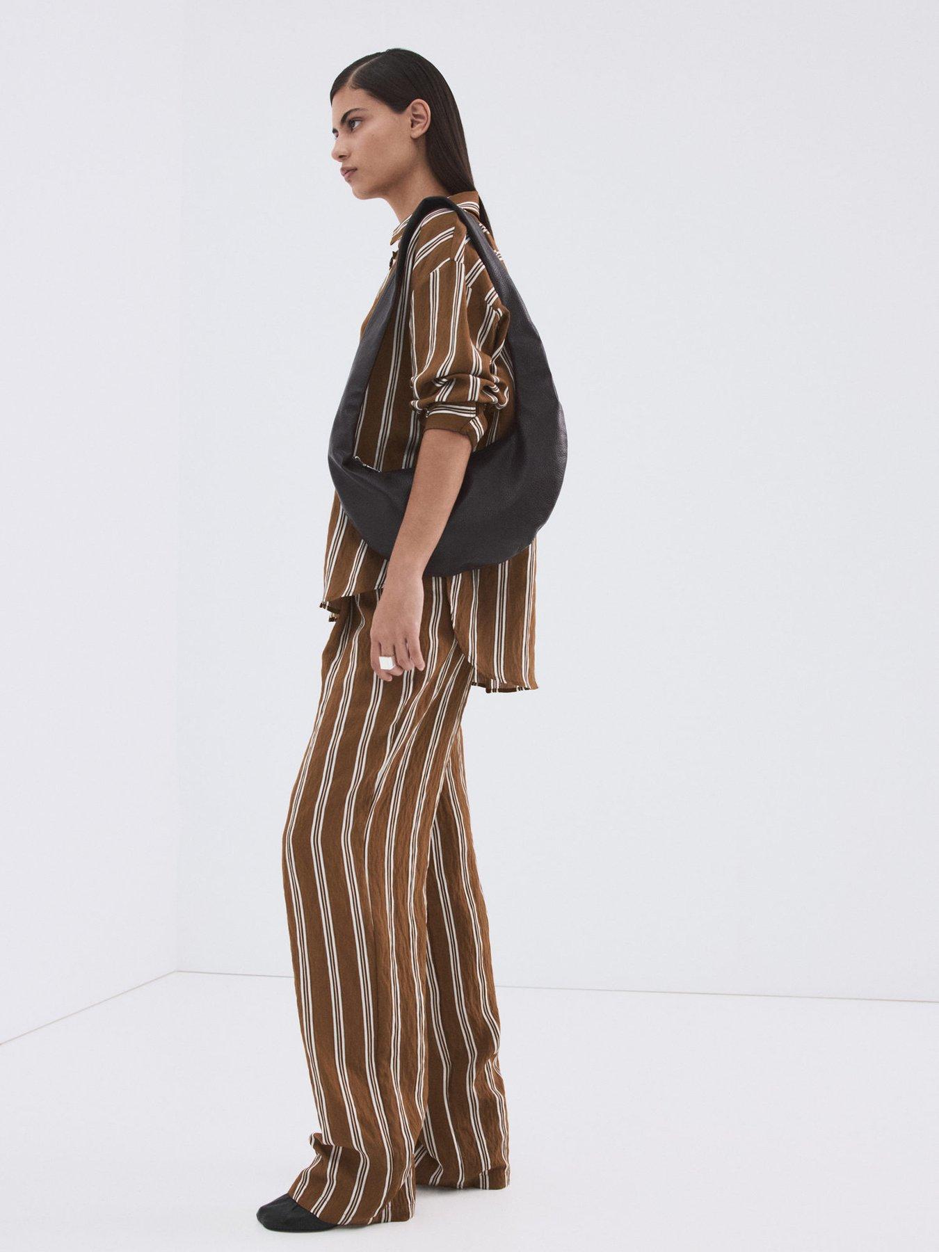 Image 2 of 7 of Mango Pleated Striped Trousers - Brown