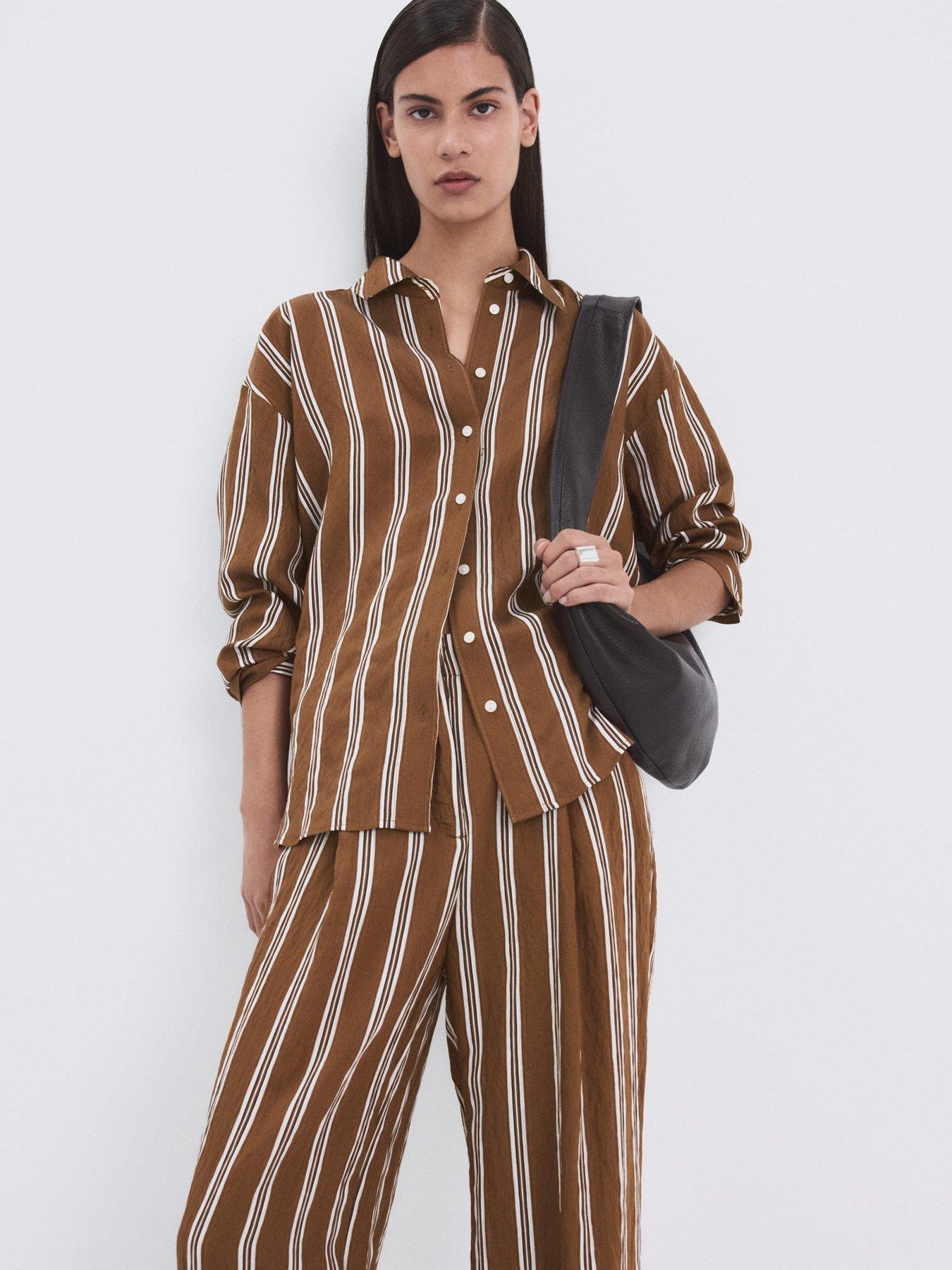 Image 4 of 7 of Mango Pleated Striped Trousers - Brown