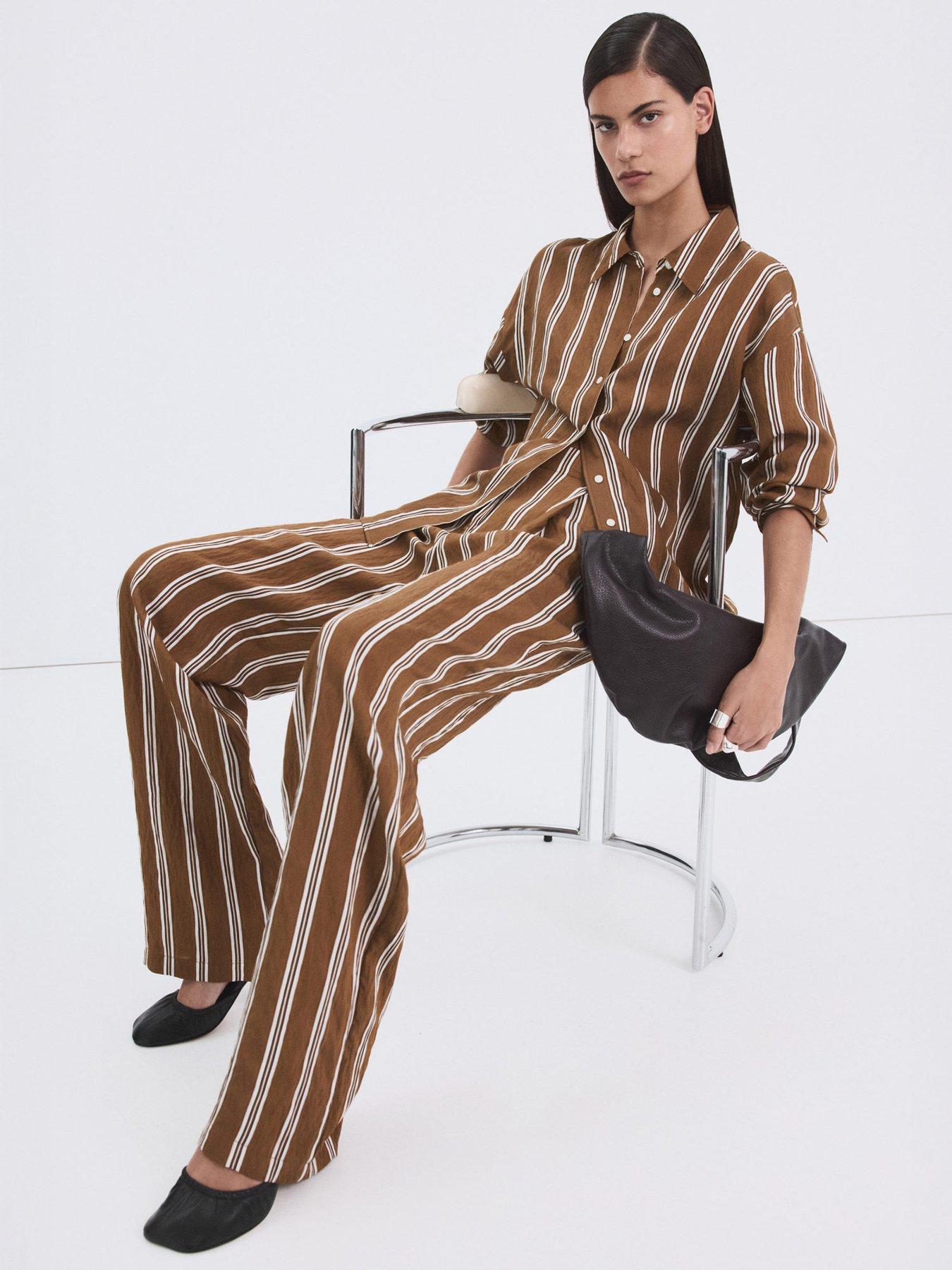 Image 5 of 7 of Mango Pleated Striped Trousers - Brown