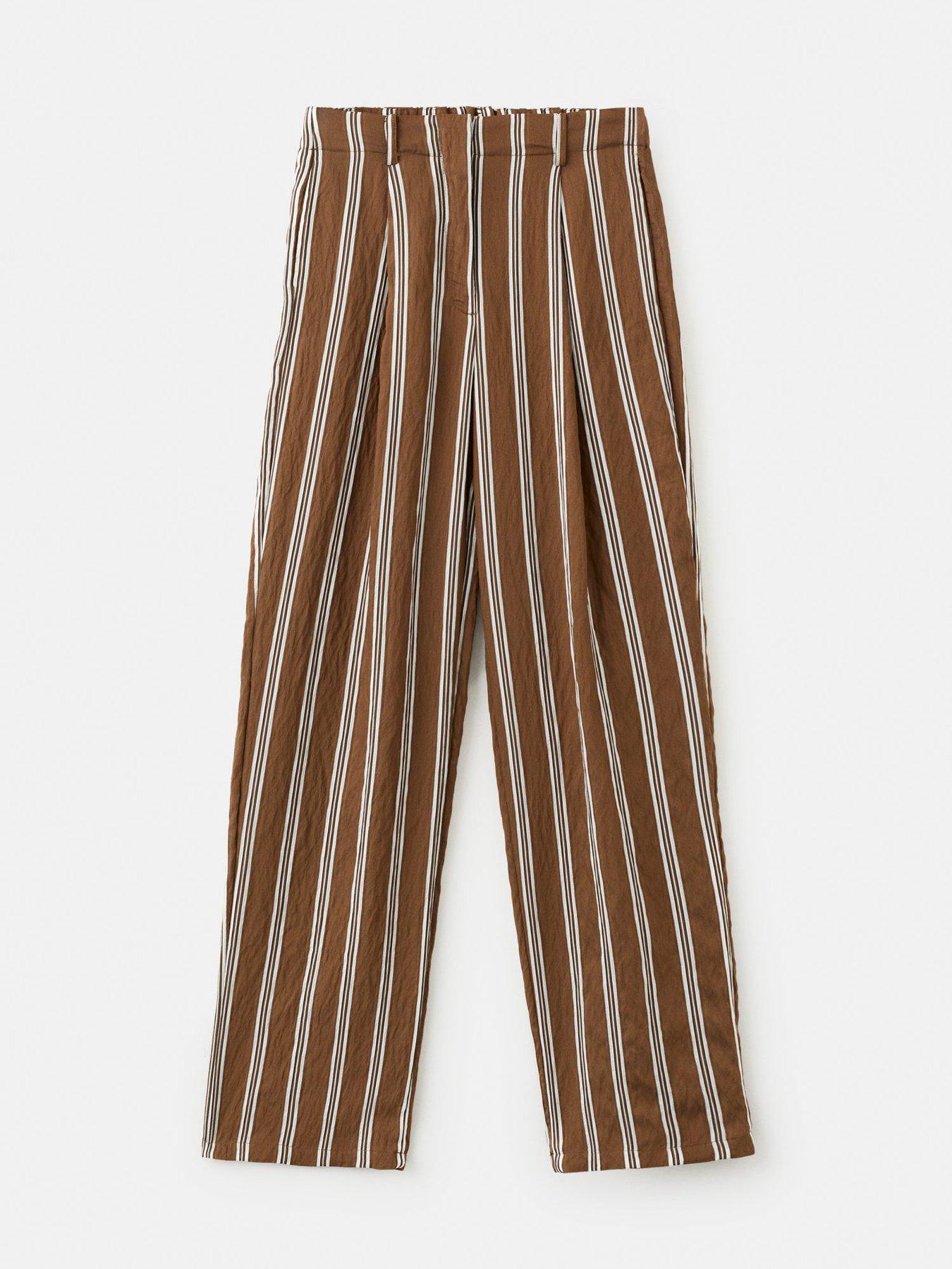 Image 6 of 7 of Mango Pleated Striped Trousers - Brown