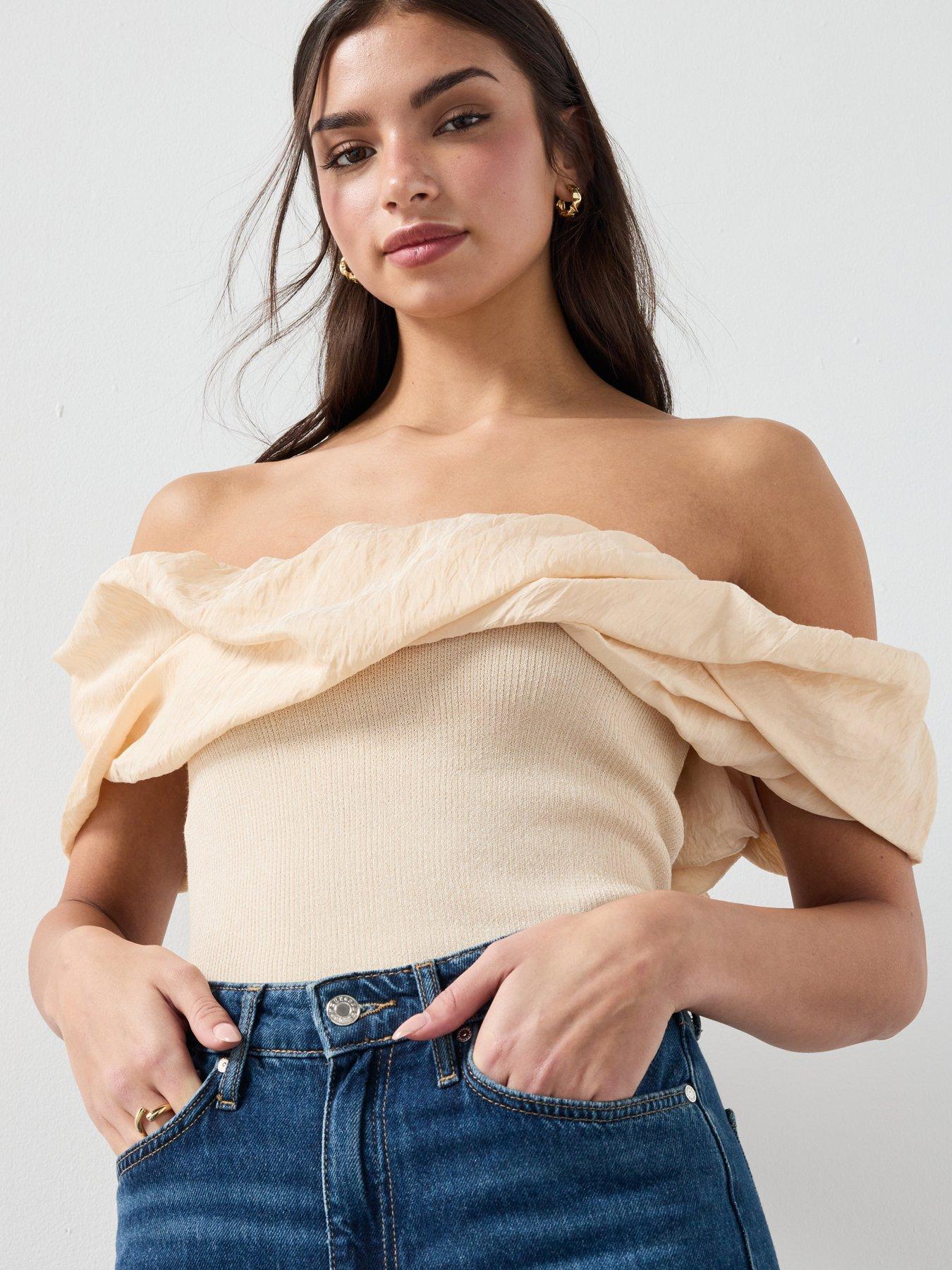  image of mango-strapless-knitted-top-beige