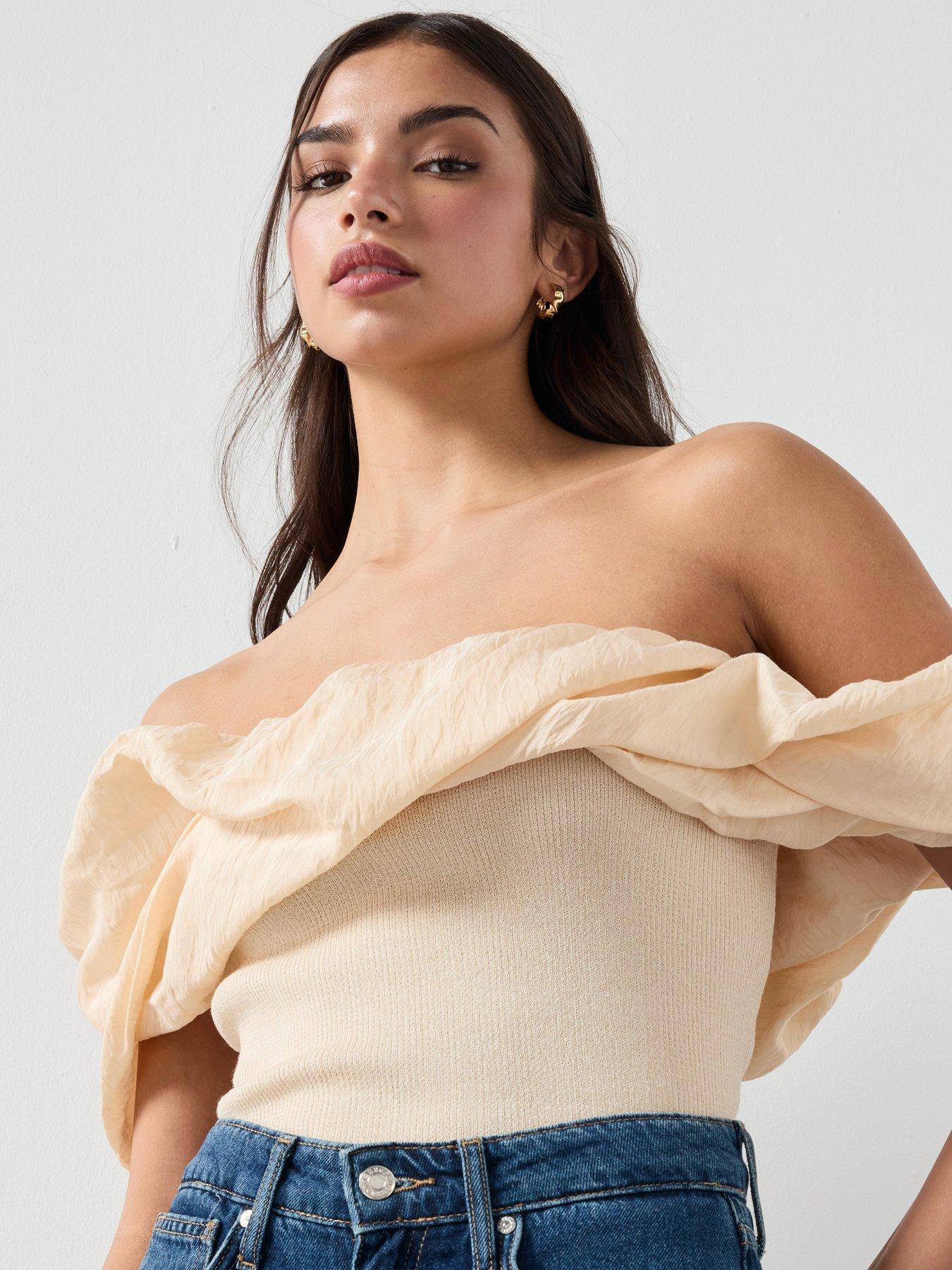  image of mango-strapless-knitted-top-beige