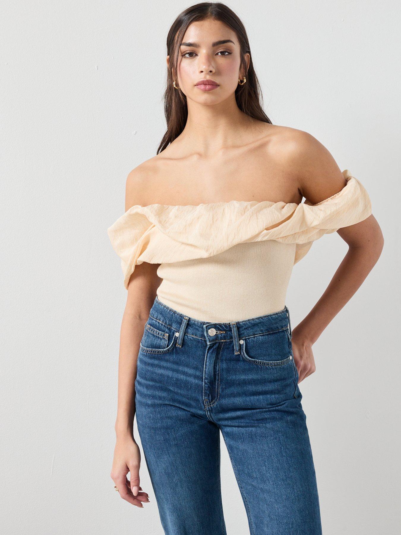  image of mango-strapless-knitted-top-beige