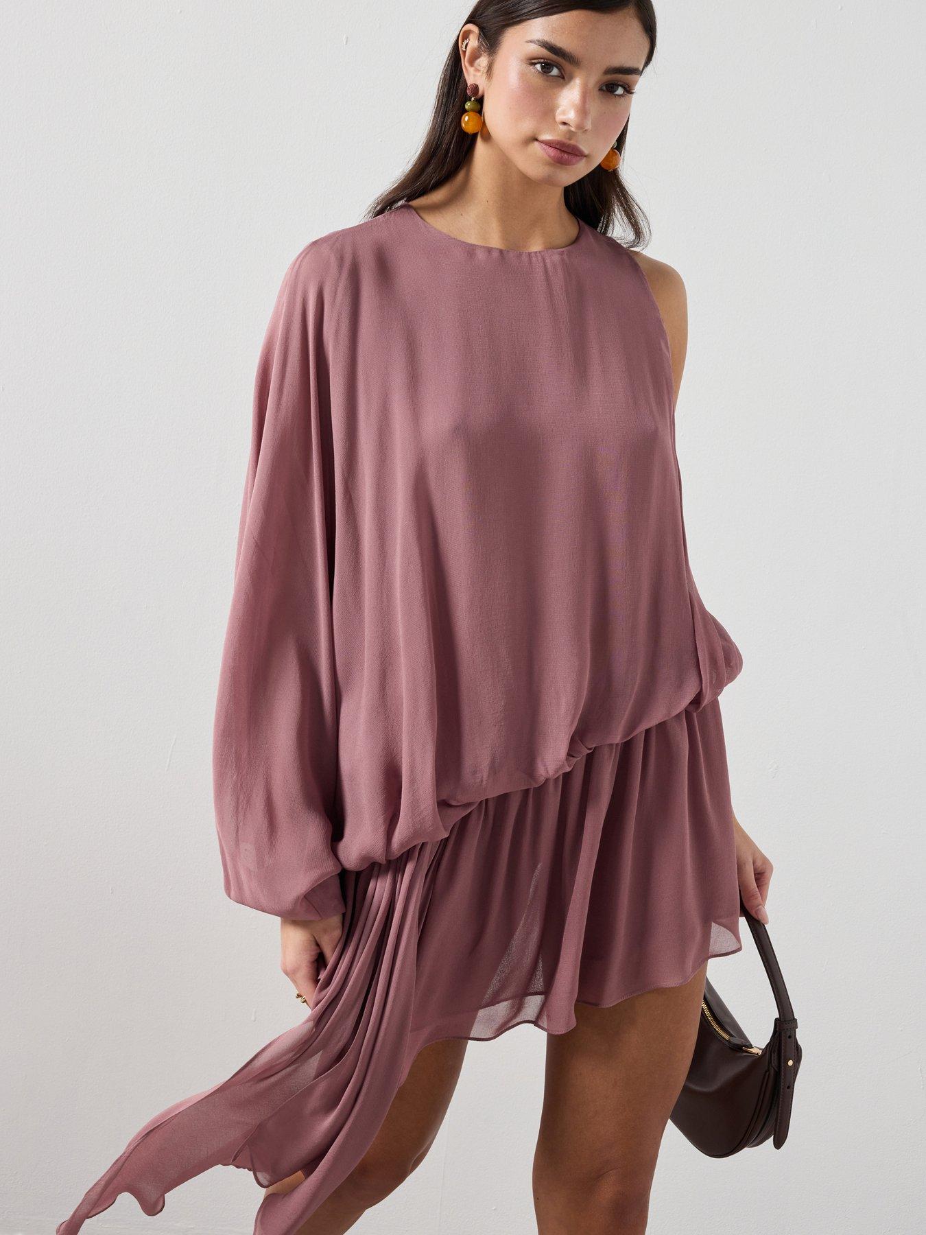 image of mango-ruffle-dress-with-asymmetrical-sleeve-pink