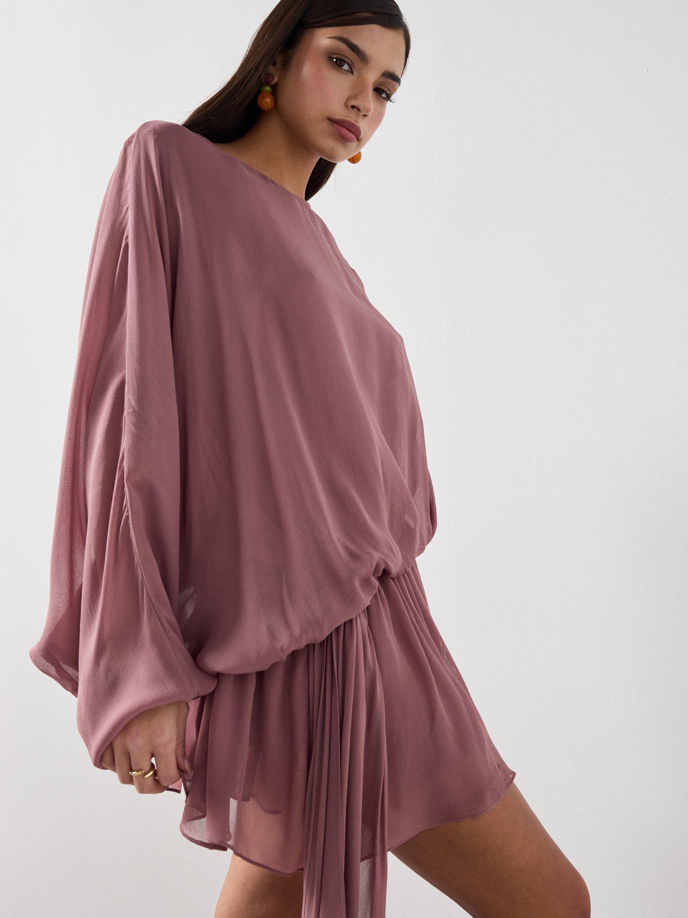  image of mango-ruffle-dress-with-asymmetrical-sleeve-pink