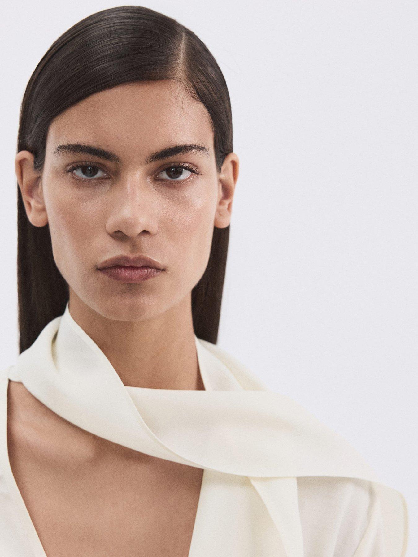 Image 3 of 7 of Mango Scarf Collar Blouse - Ecru