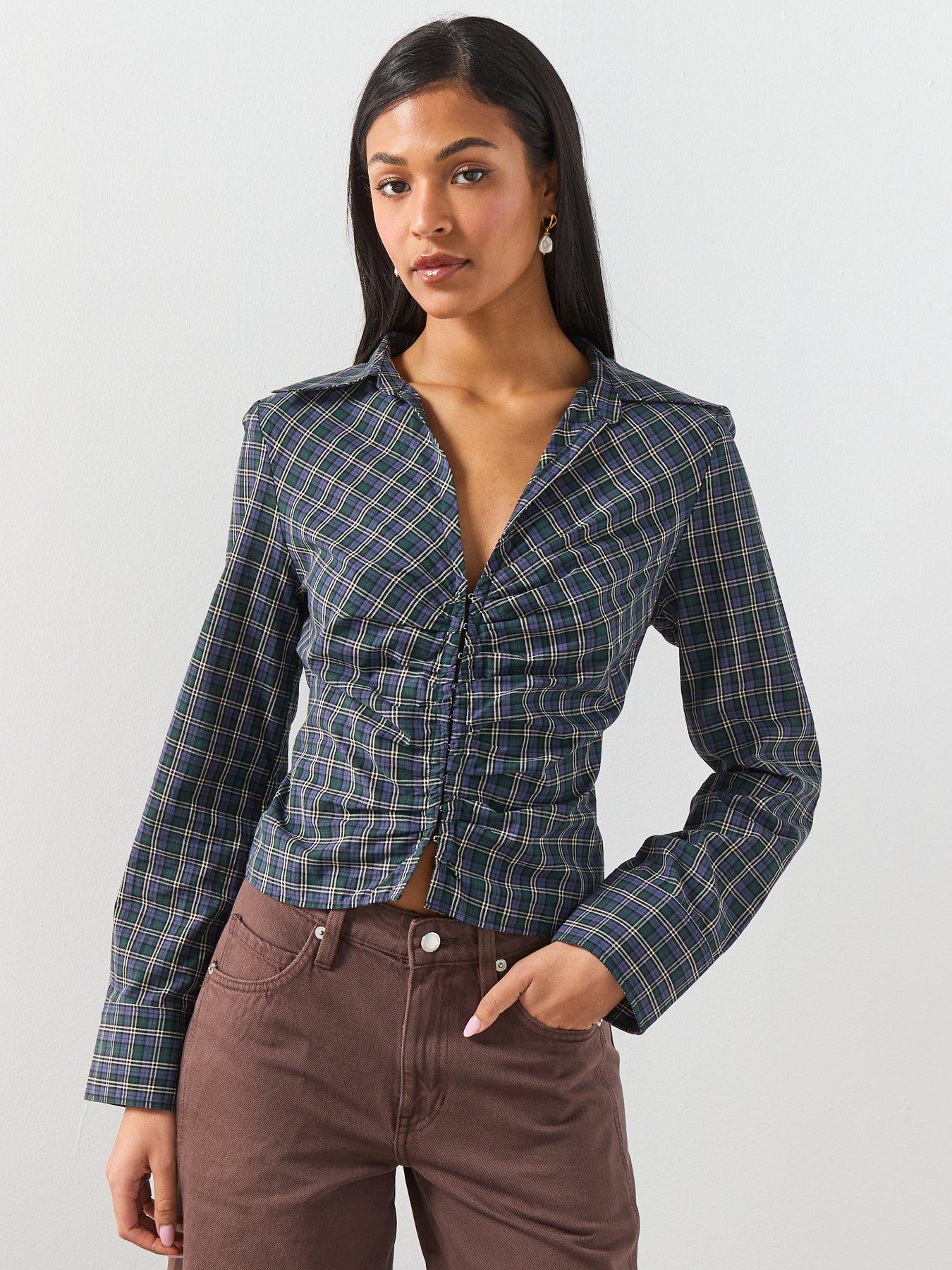  image of mango-gathered-check-blouse-blue