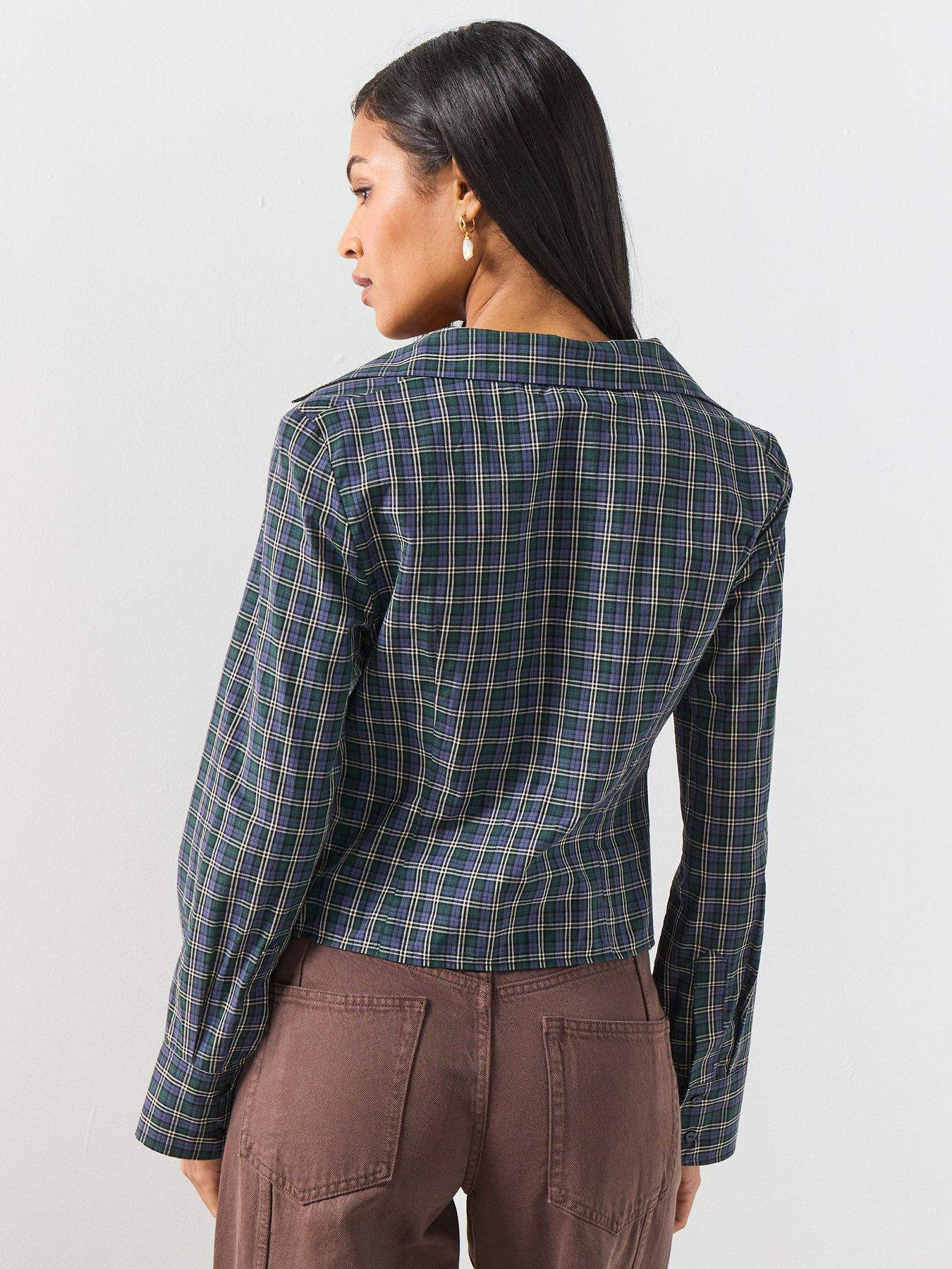  image of mango-gathered-check-blouse-blue