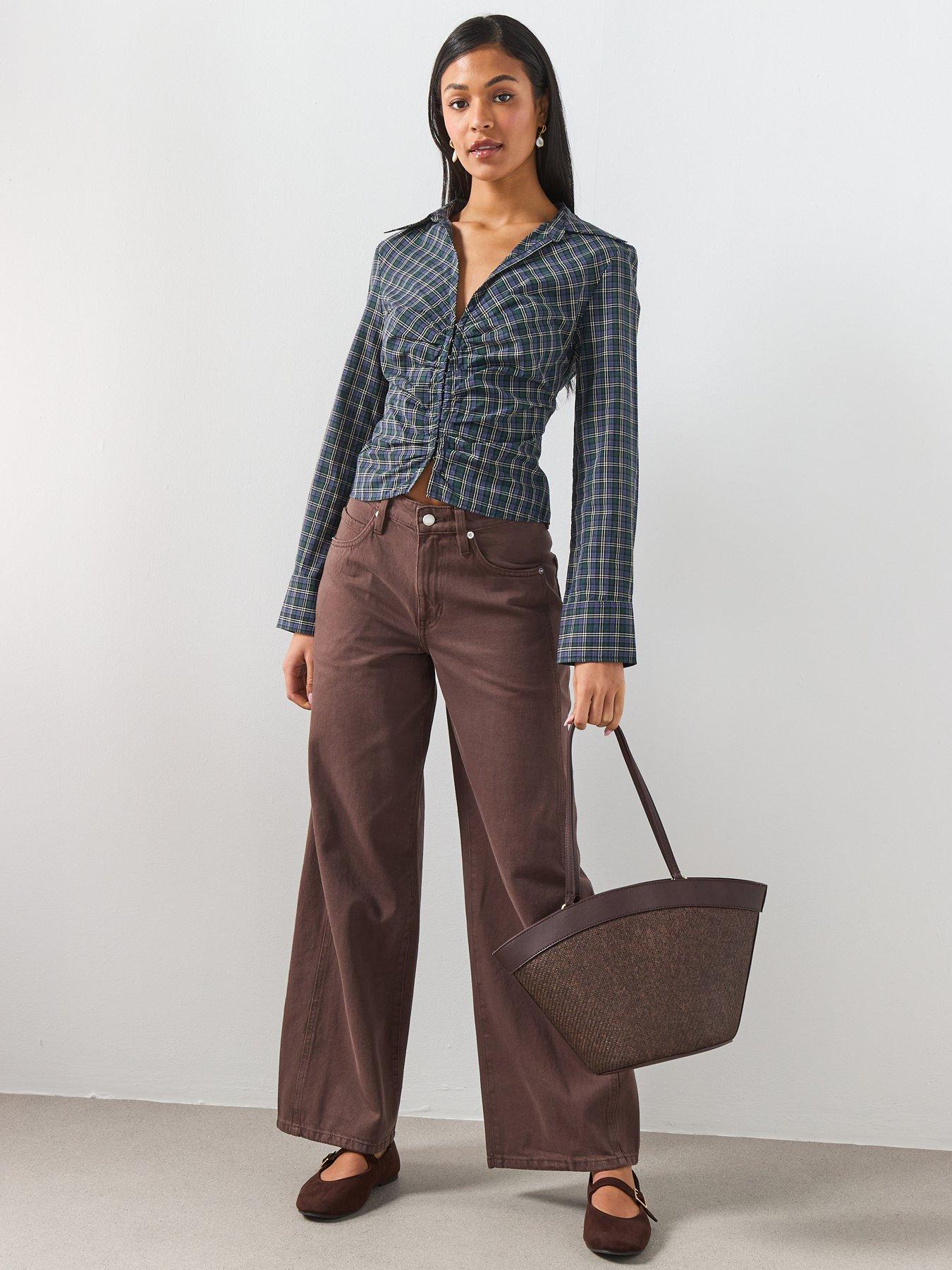  image of mango-gathered-check-blouse-blue