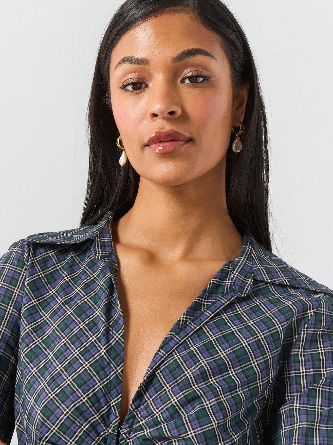  image of mango-gathered-check-blouse-blue