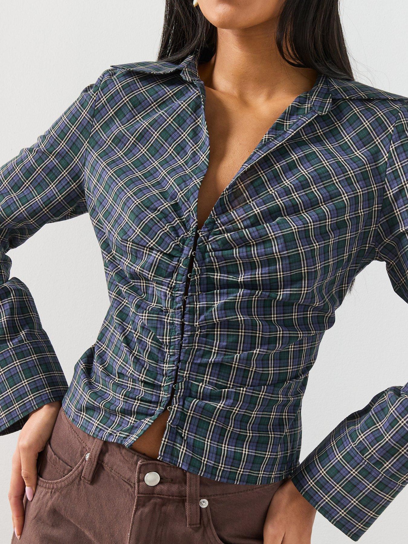  image of mango-gathered-check-blouse-blue