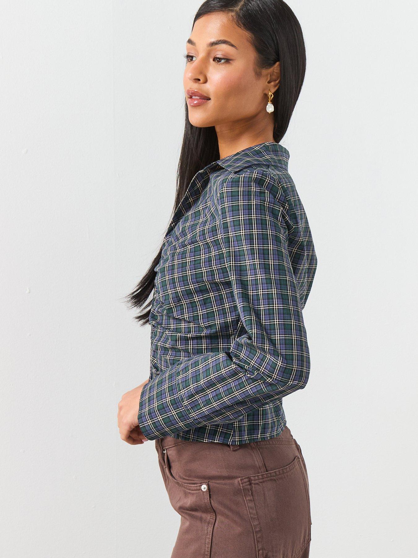  image of mango-gathered-check-blouse-blue