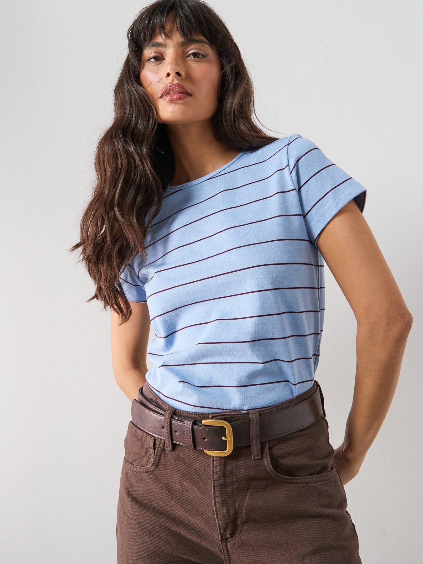 front image of mango-striped-cotton-t-shirt-blue