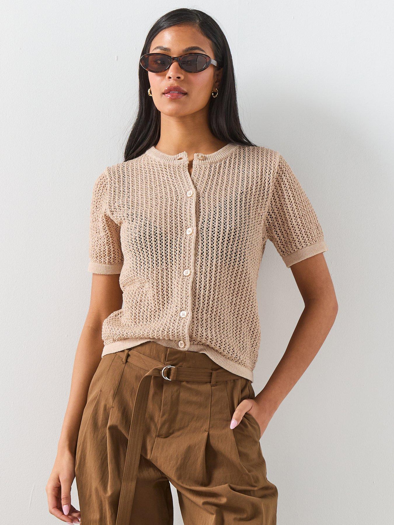 Mango Short-Sleeved Openwork Knitted Cardigan - Beige
